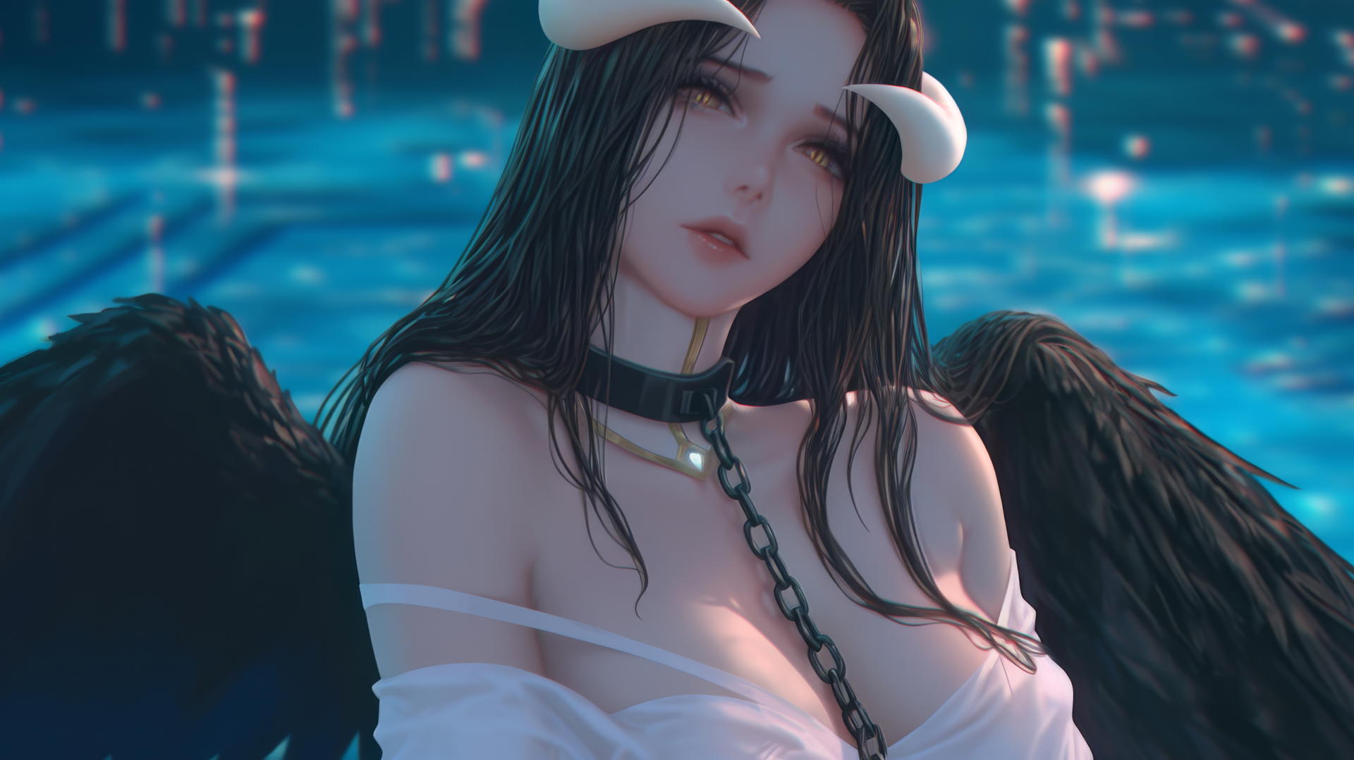 Albedo from Overlord in chains, wearing pink, in a modern hotel room with warm lighting.