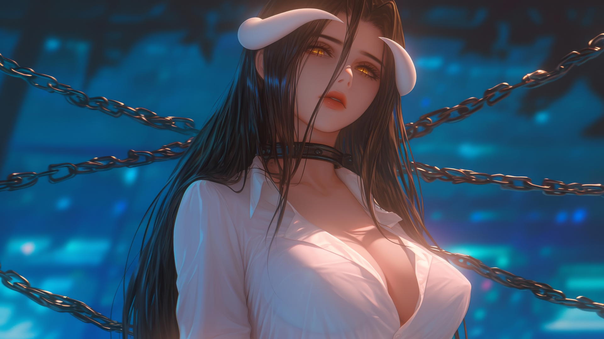 Albedo from Overlord in a modern hotel room, chained, wearing white office shirt