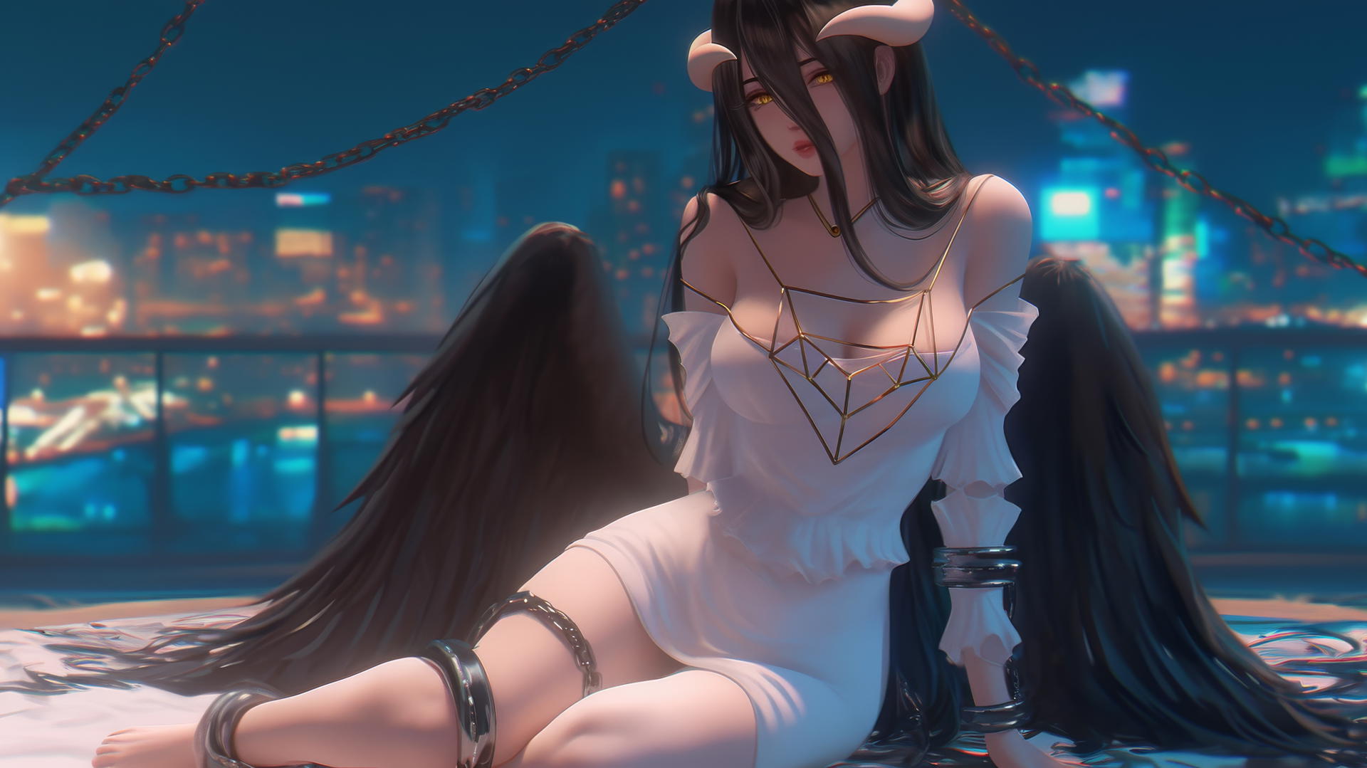 Albedo from Overlord with iron chains, in black, in modern hotel room