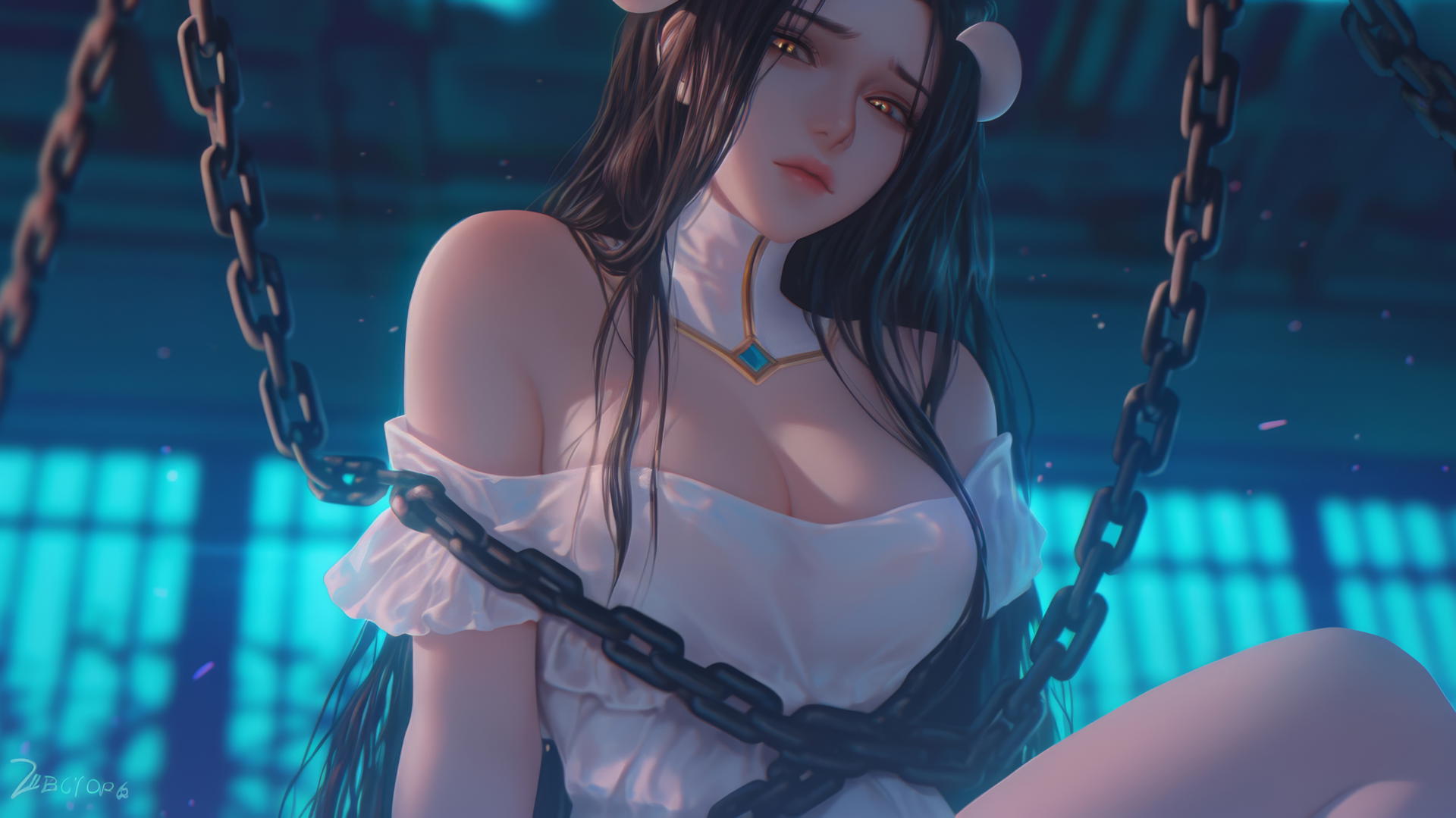 Albedo from Overlord in chains, wearing black in a modern hotel room
