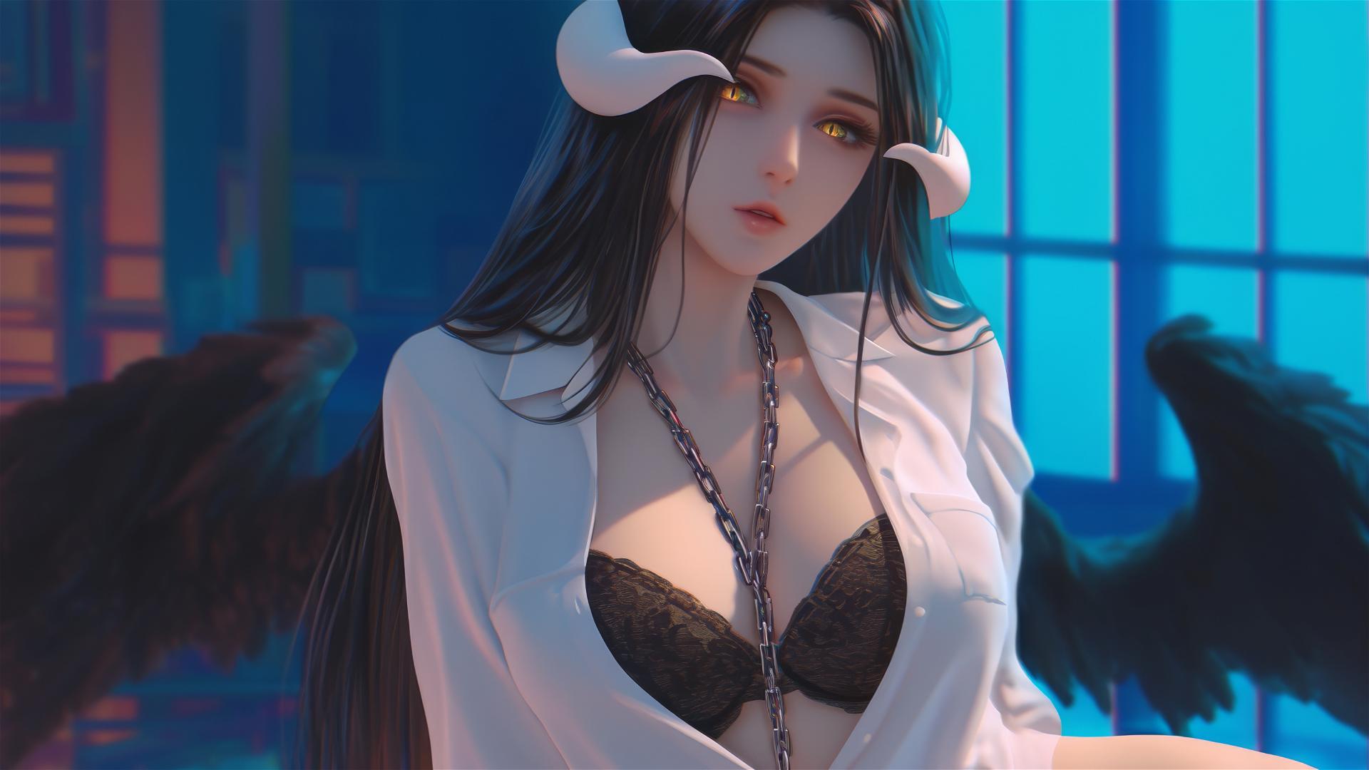 Albedo from Overlord, chained, in white office shirt, in modern hotel room with warm light.