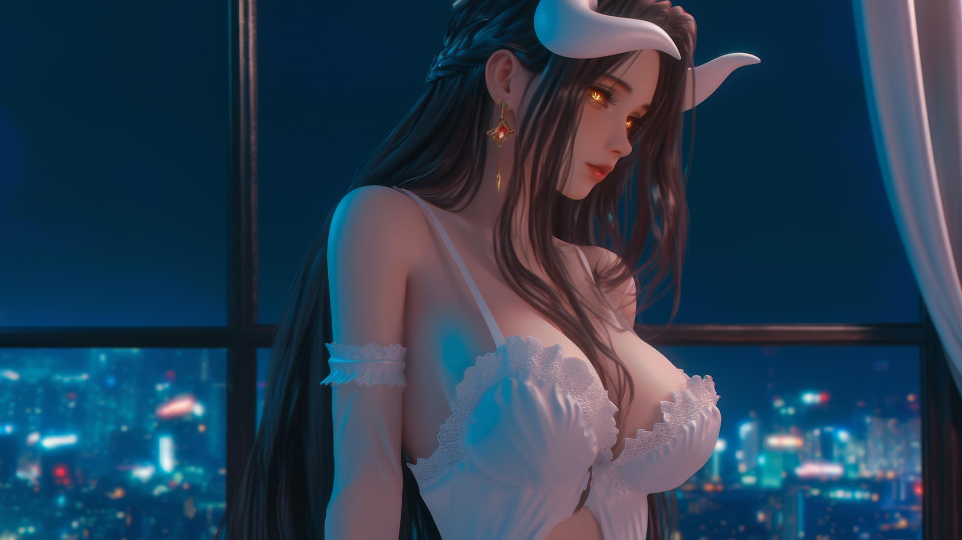 Albedo from Overlord in a modern hotel room with warm light, golden irises, and horns.
