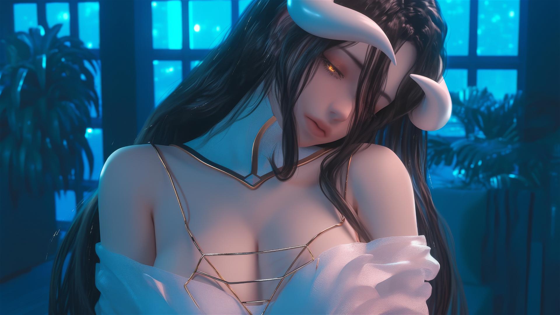 Albedo from Overlord in modern hotel room with warm light, golden irises, and horns.