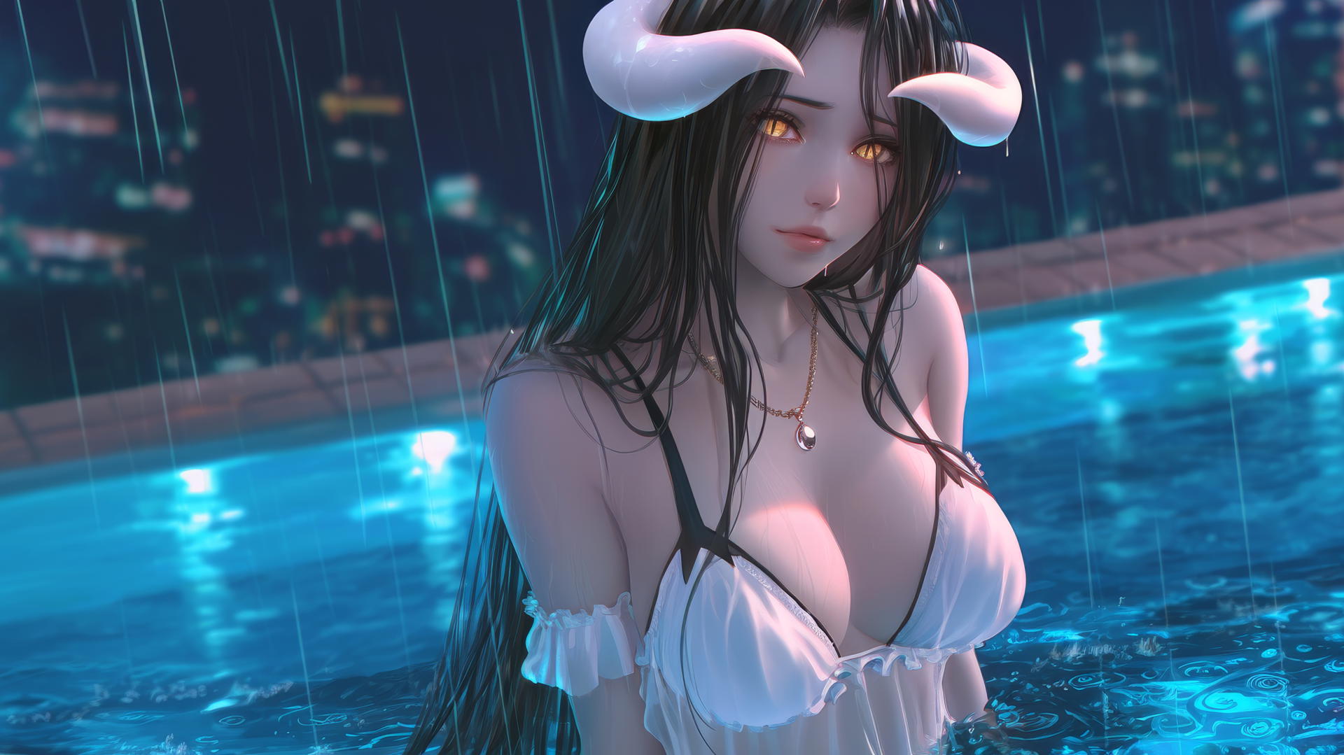 Albedo from Overlord at a rainy swimming pool with warm light, golden irises, and horns