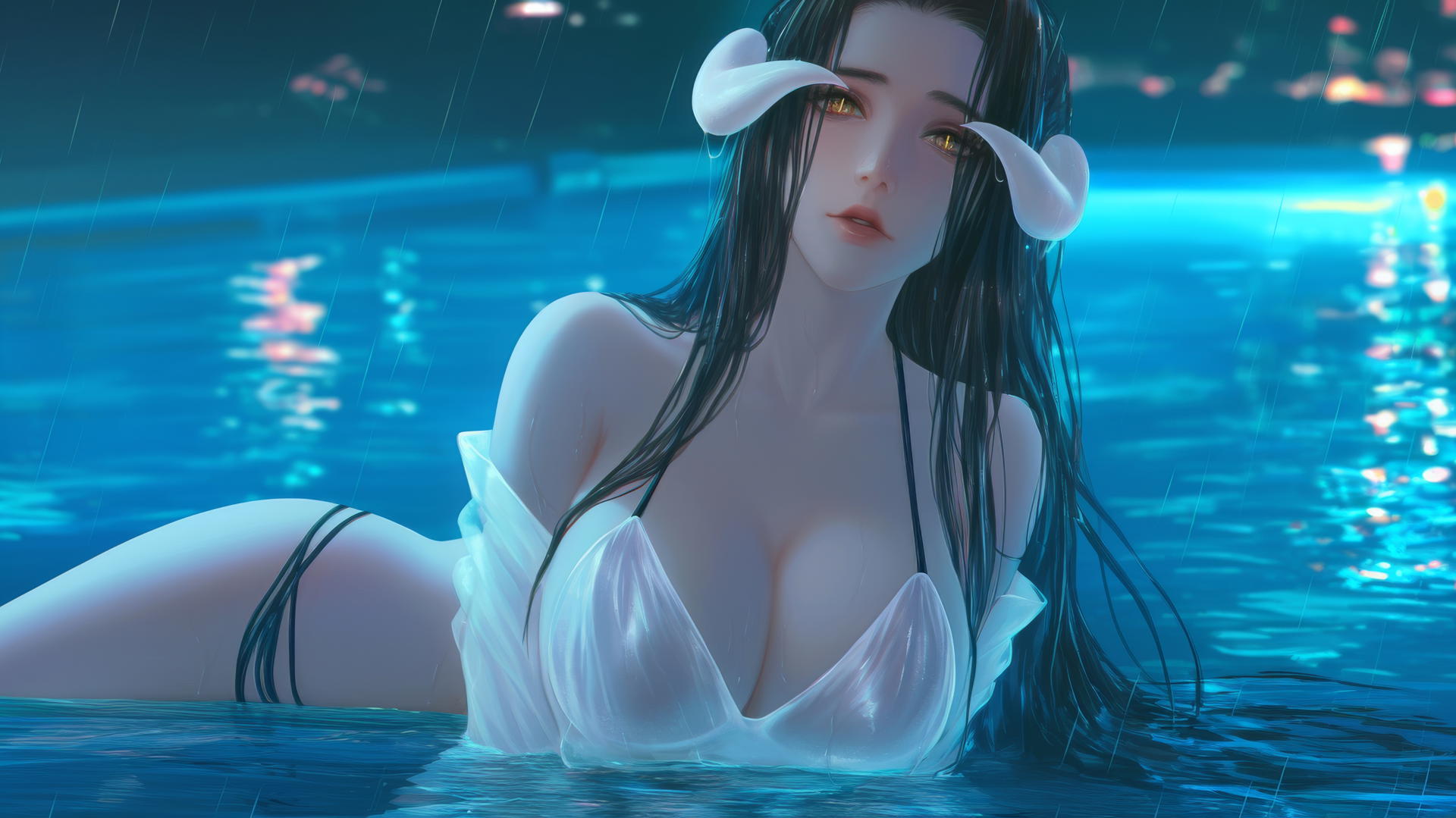 Albedo from Overlord at a rainy swimming pool with warm light and distinct features.