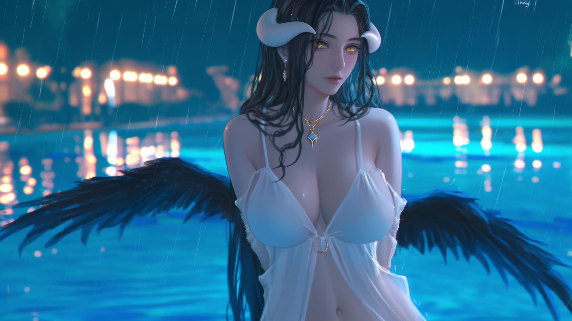 Albedo from Overlord at a rainy swimming pool with warm light and golden irises.