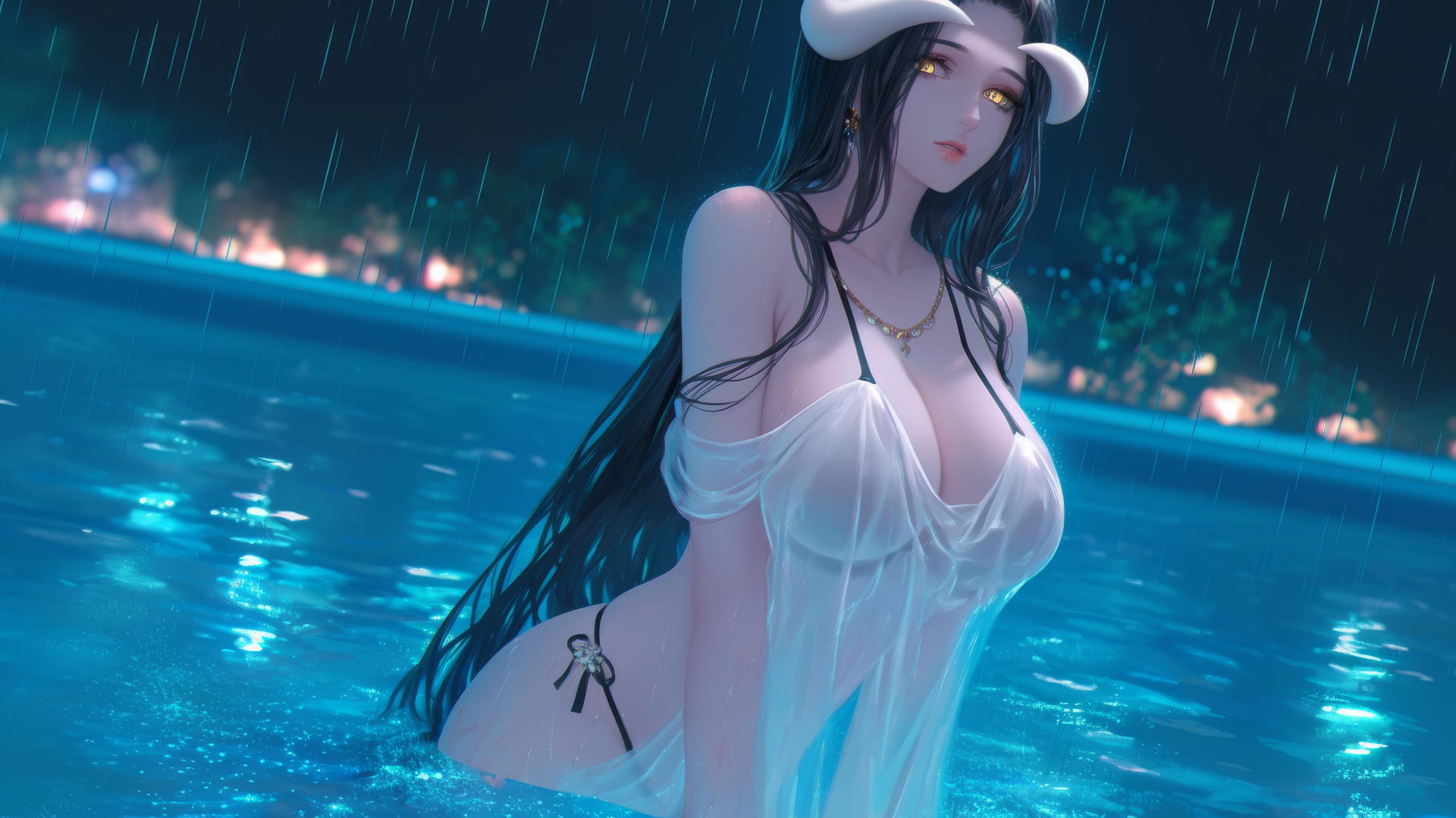 Albedo from Overlord at a rainy swimming pool, warm light, golden irises