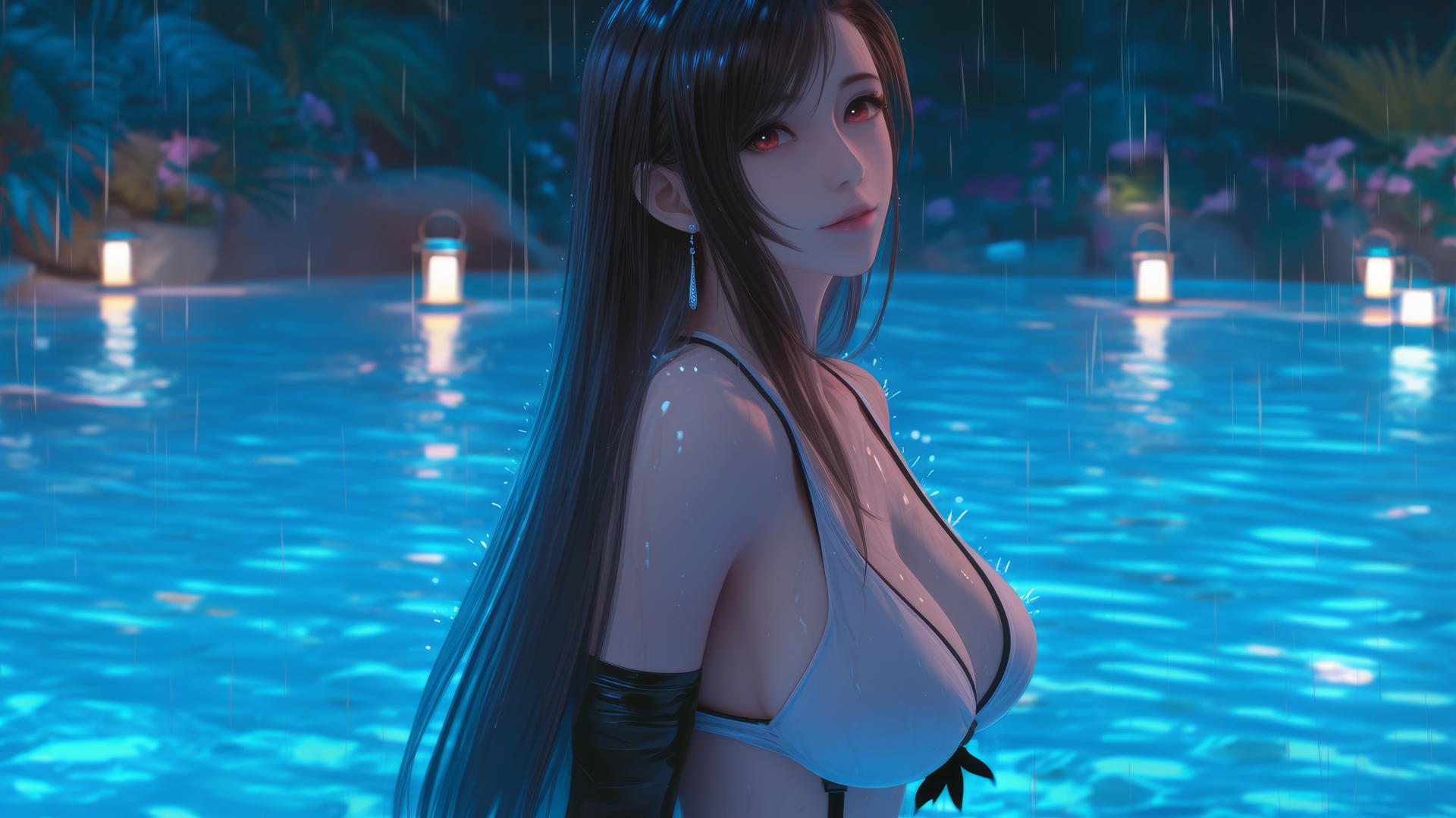 Tifa Lockhart from Final Fantasy in a rainy swimming pool with neon light.