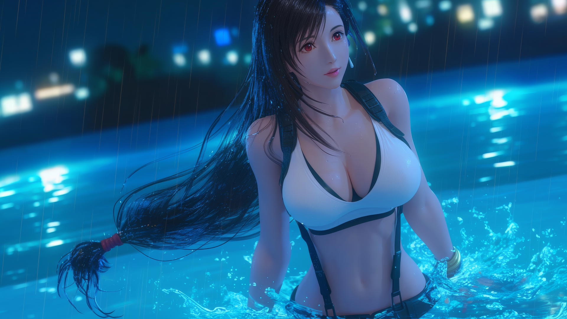 Tifa Lockhart jumps out of a rainy swimming pool, neon light glow.