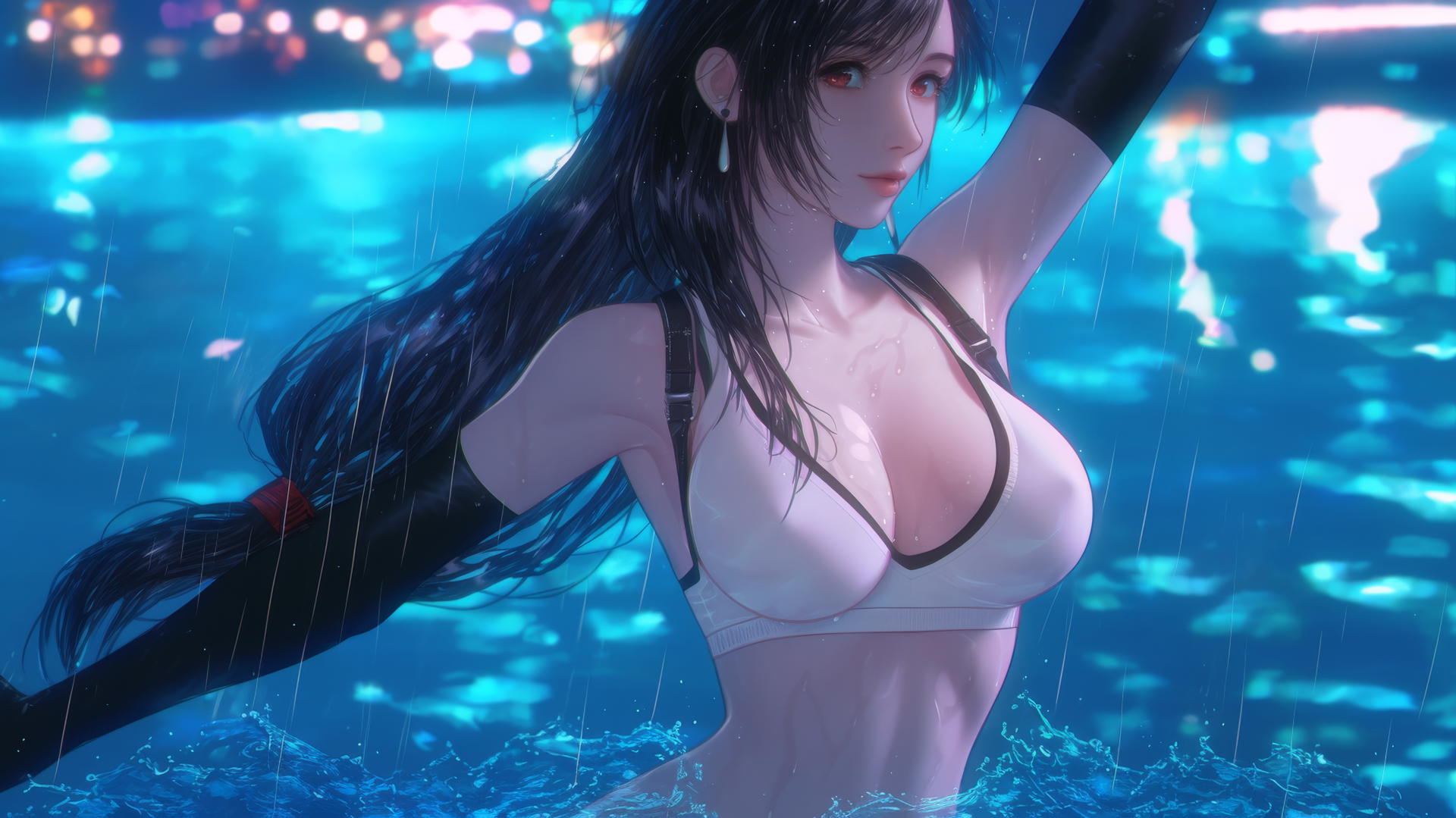 Tifa Lockhart from Final Fantasy leaps out of a rainy pool with neon light glow.
