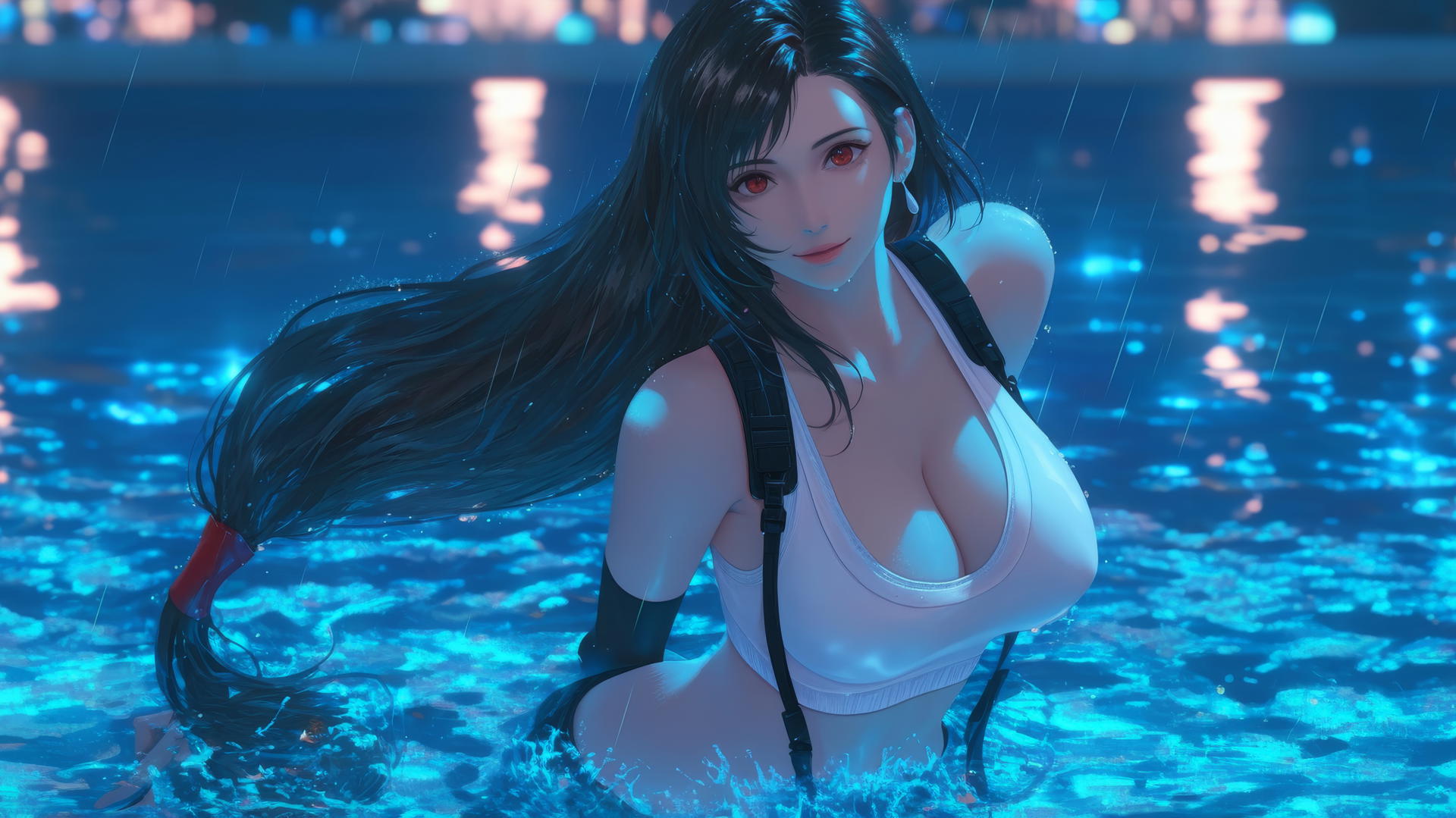 Tifa Lockhart jumping out of a rainy swimming pool with neon light glow