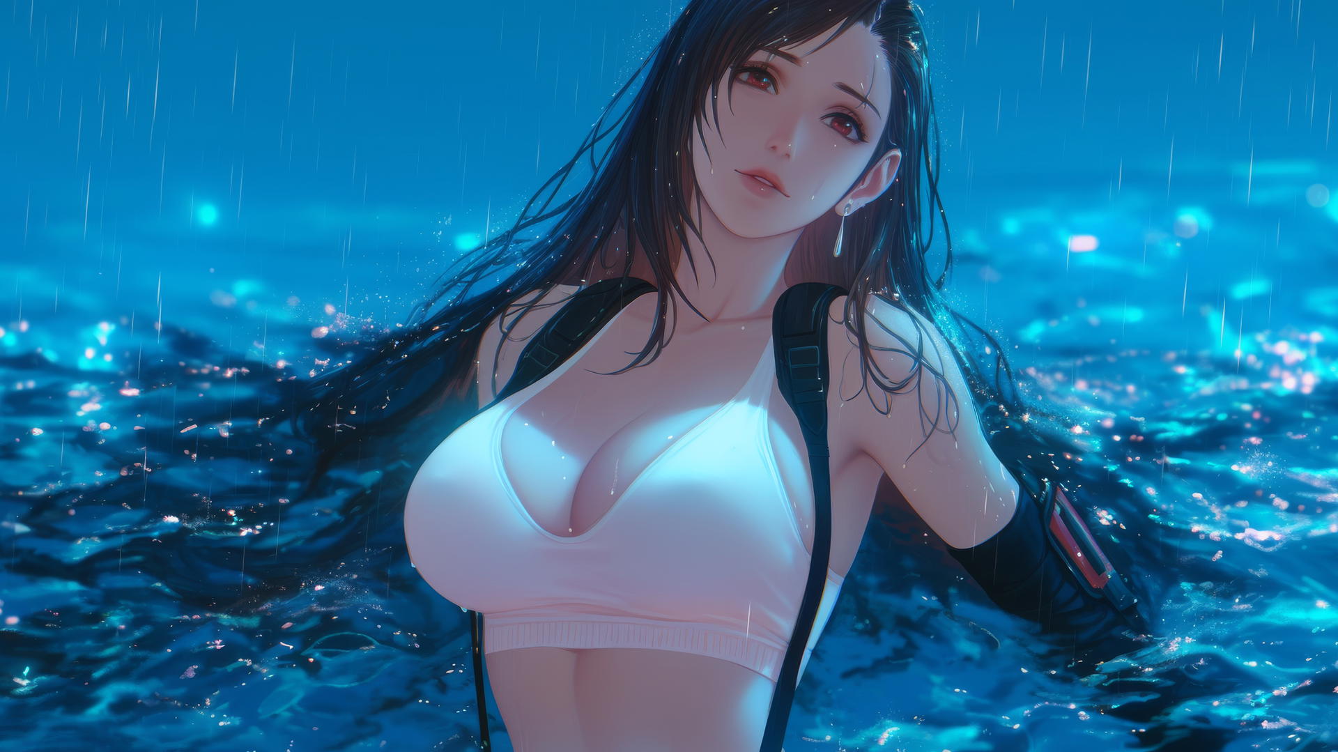 Tifa Lockhart jumping out of a rainy swimming pool with neon light glow