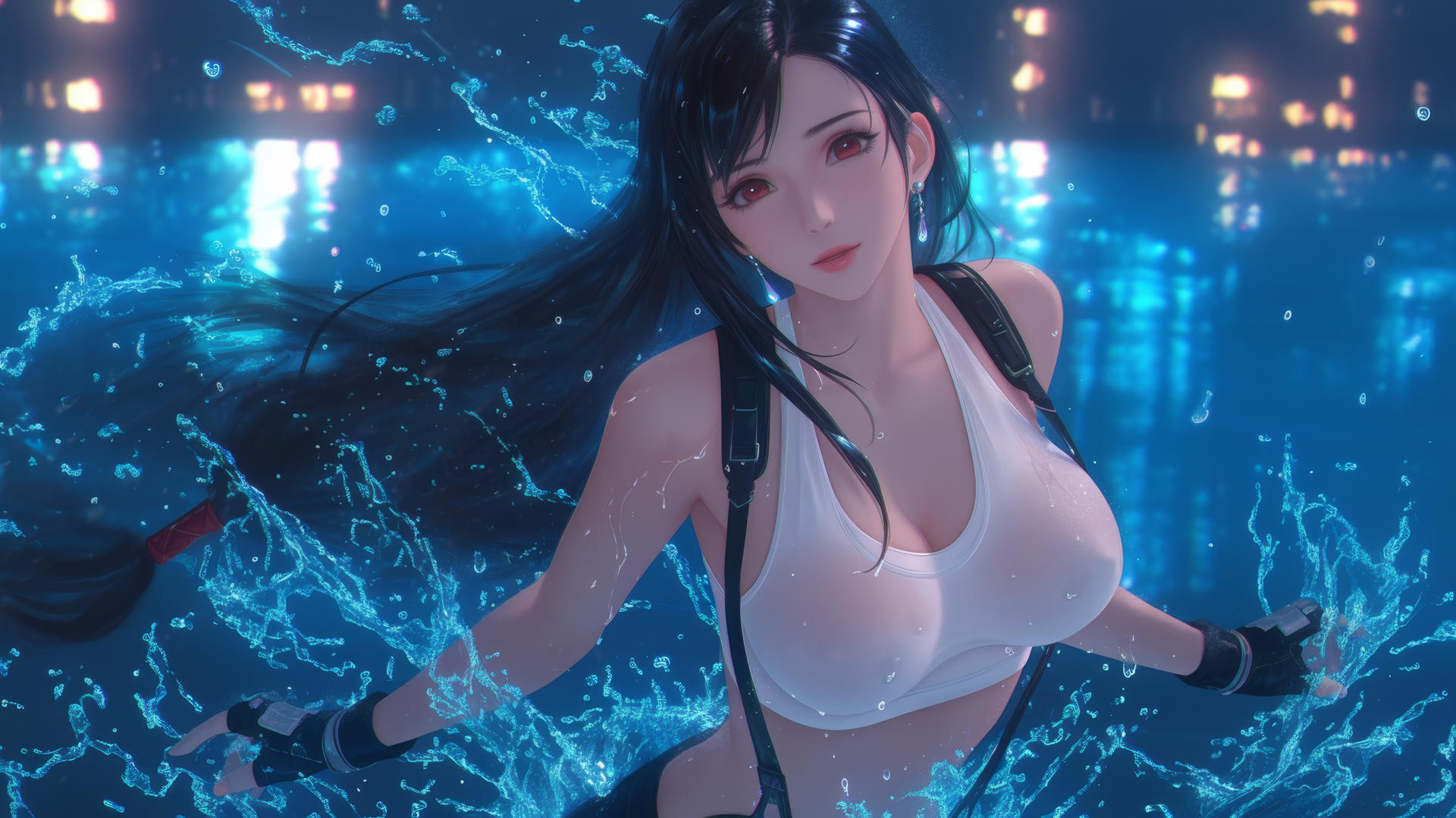 Tifa Lockhart from Final Fantasy jumping out of a rainy swimming pool with neon light glow.