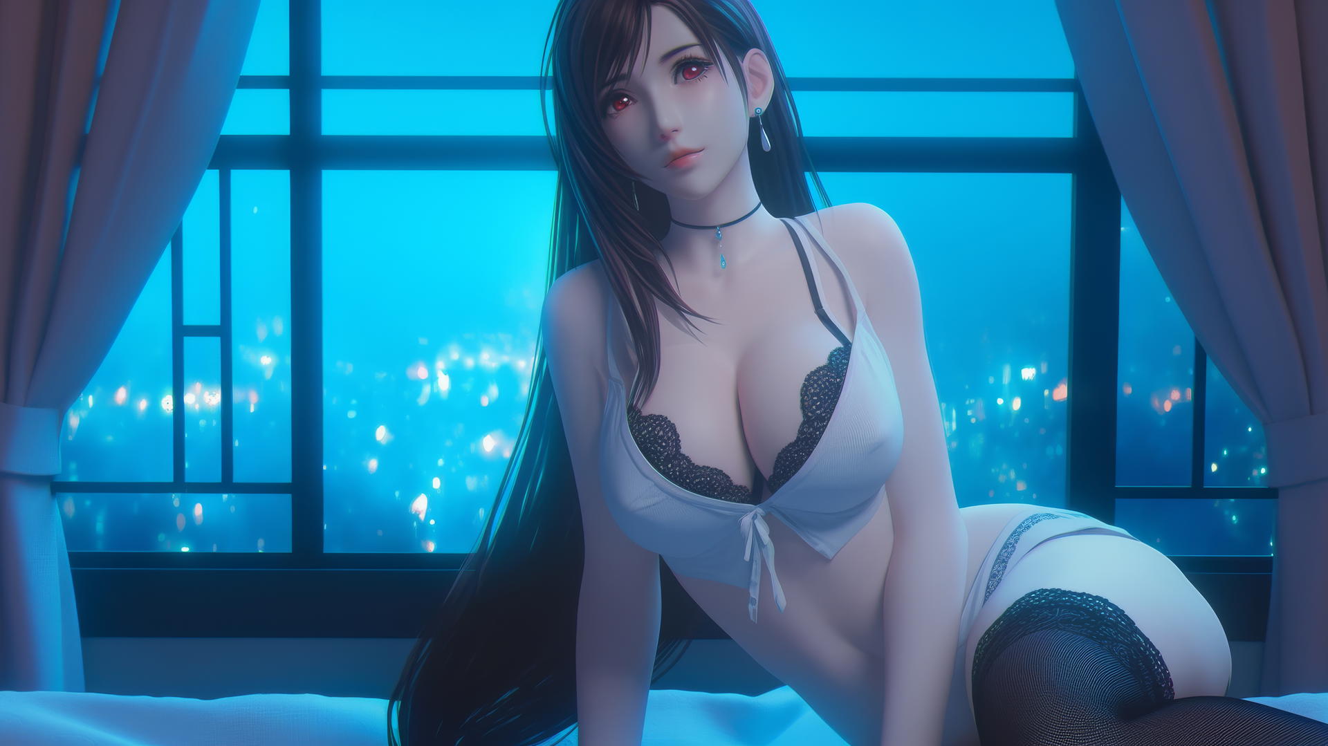 Tifa Lockhart in modern hotel room with neon light glow