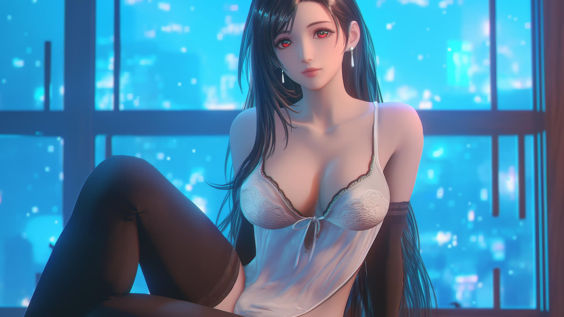 Extremely beautiful Tifa Lockhart in a modern hotel room with neon lighting.