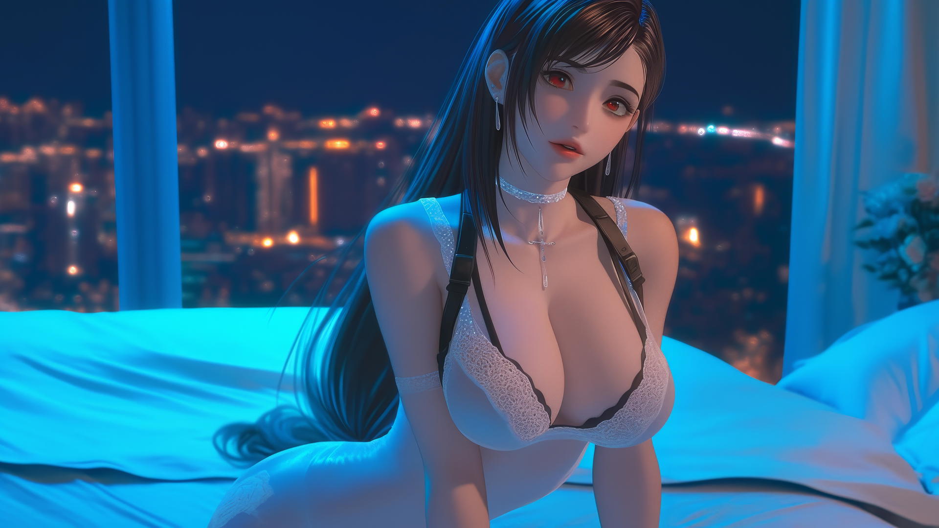 Tifa Lockhart in a modern hotel room illuminated by neon lights
