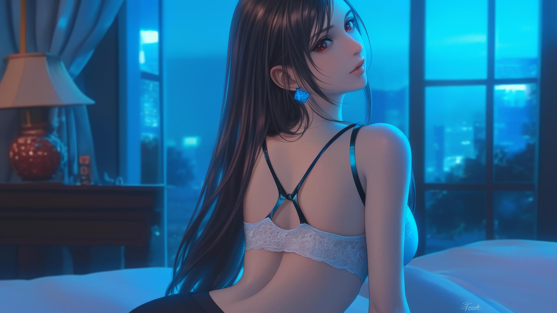 Tifa Lockhart resting in a modern hotel room under neon light.