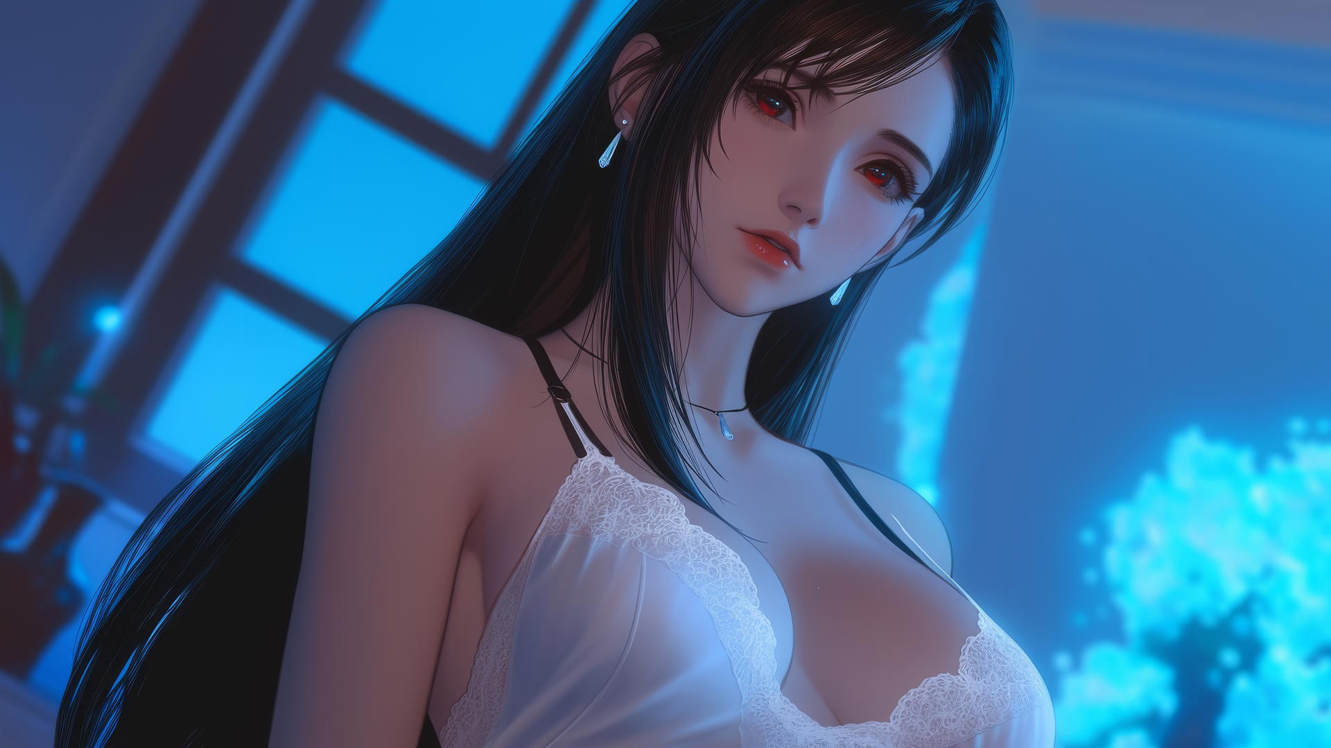 Tifa Lockhart from Final Fantasy stands in a modern hotel room, viewed from below, in a white office shirt with neon lighting.