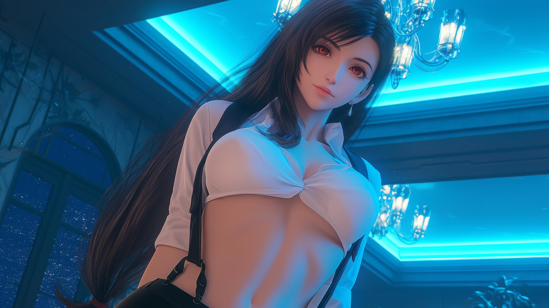 Tifa Lockhart from Final Fantasy standing and looking down, wearing a white office shirt with neon light casting a soft glow.