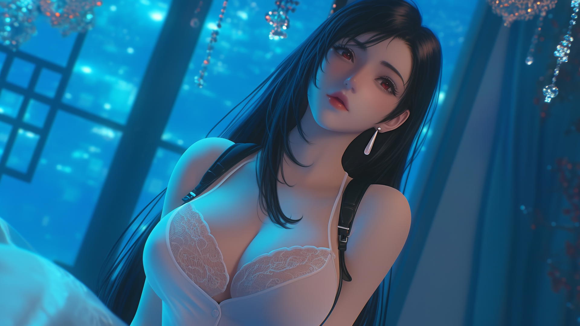 Tifa Lockhart kneeling, wearing white shirt, neon-lit hotel room