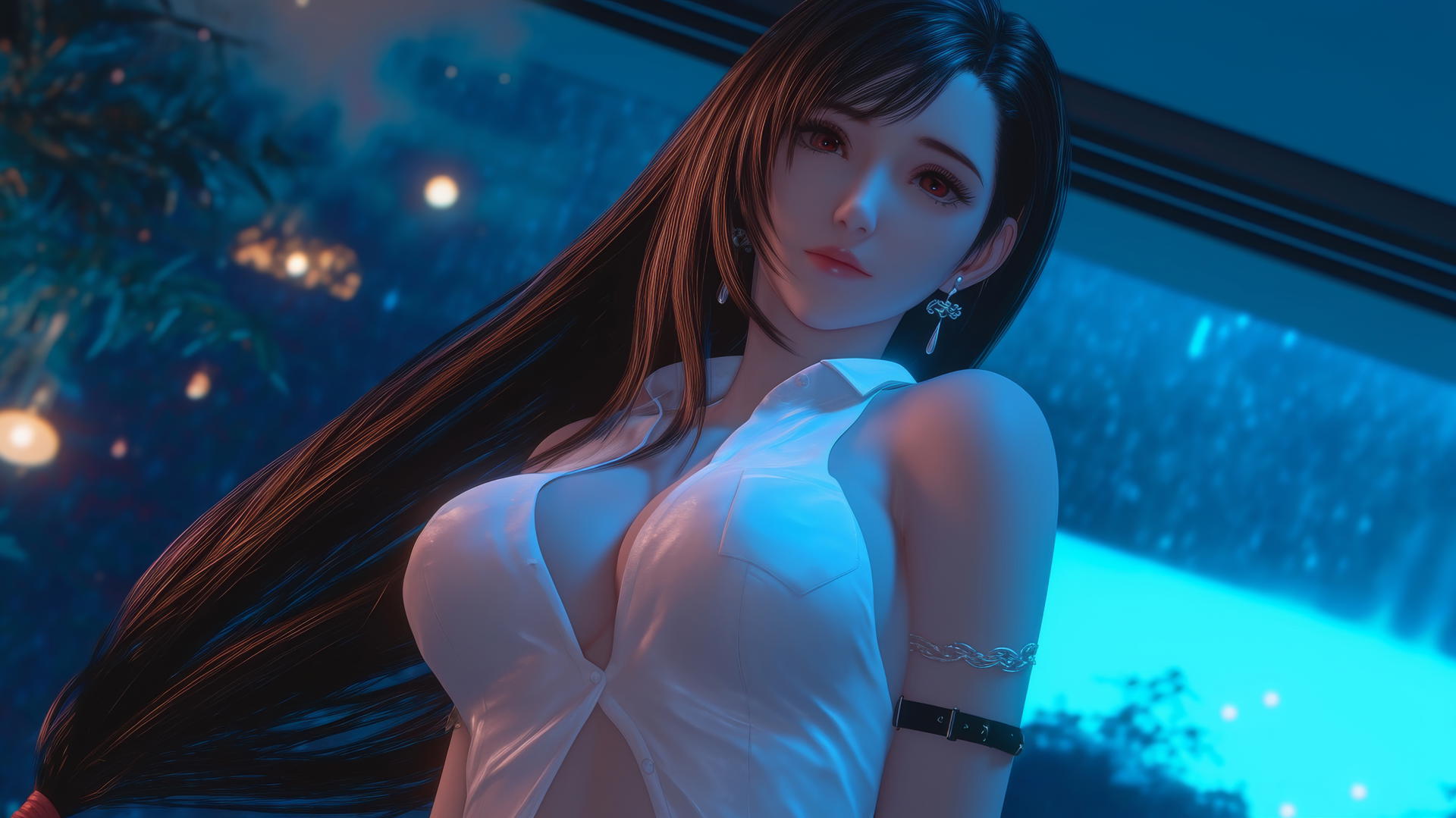 Tifa Lockhart kneeling, wearing white office shirt, neon-lit modern hotel room.