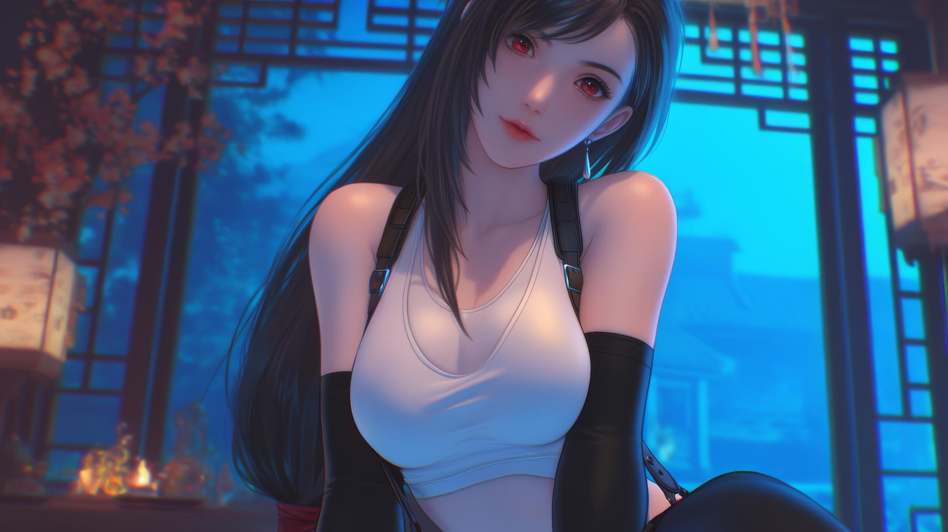 Tifa Lockhart from Final Fantasy kneeling in a neon-lit modern hotel room