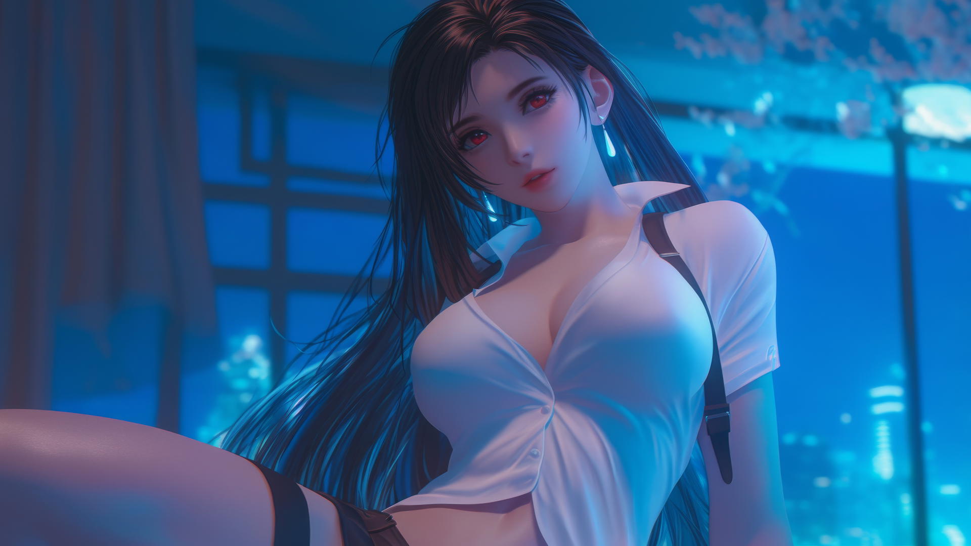 Tifa Lockhart kneeling, wearing a white office shirt, viewed from below with neon light glow.