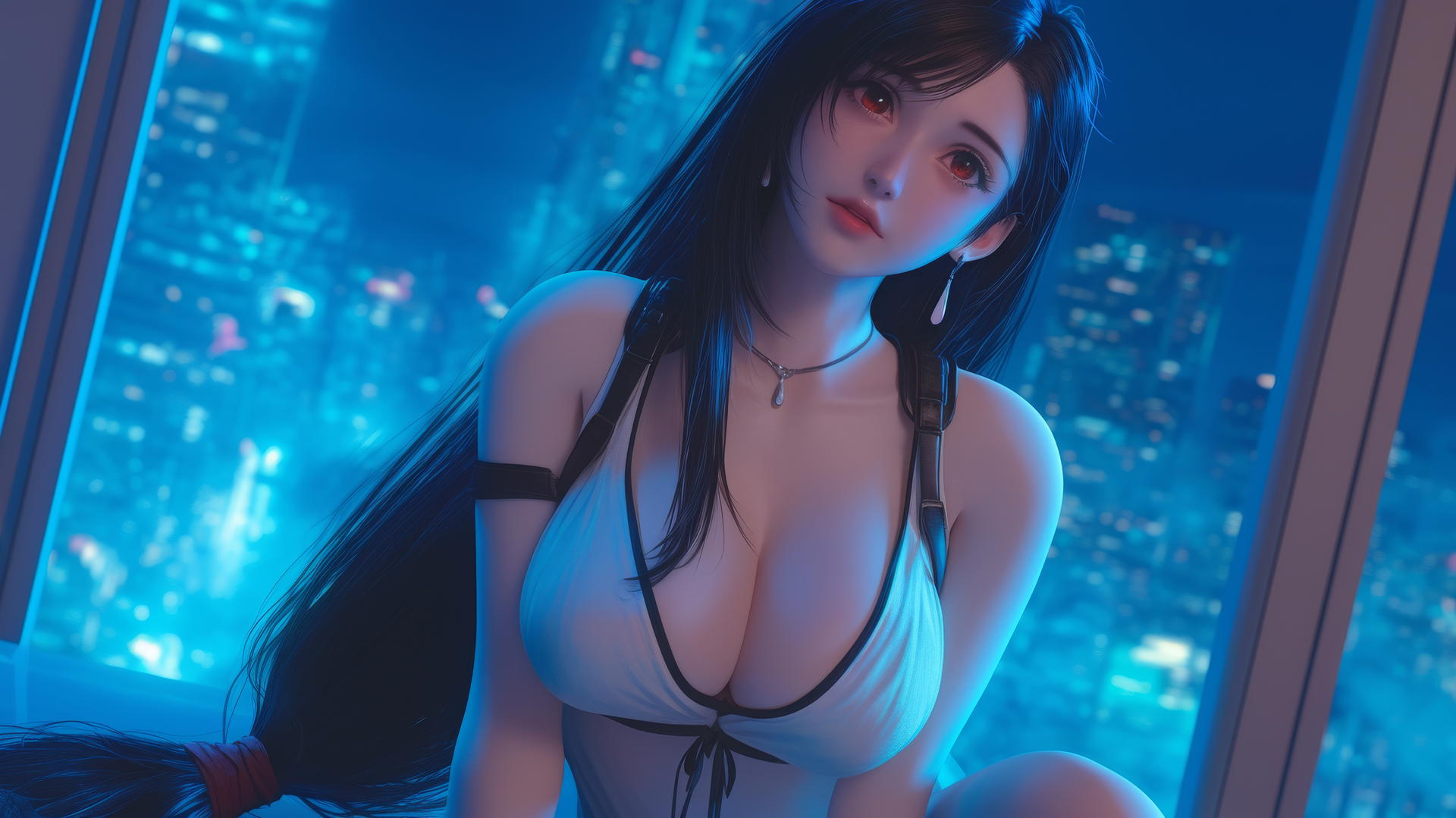 Tifa Lockhart kneeling, seen from below, neon-lit modern hotel room.