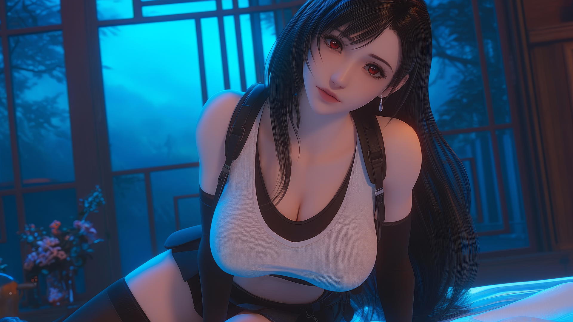 Tifa Lockhart kneeling and looking down, neon-lit modern hotel room