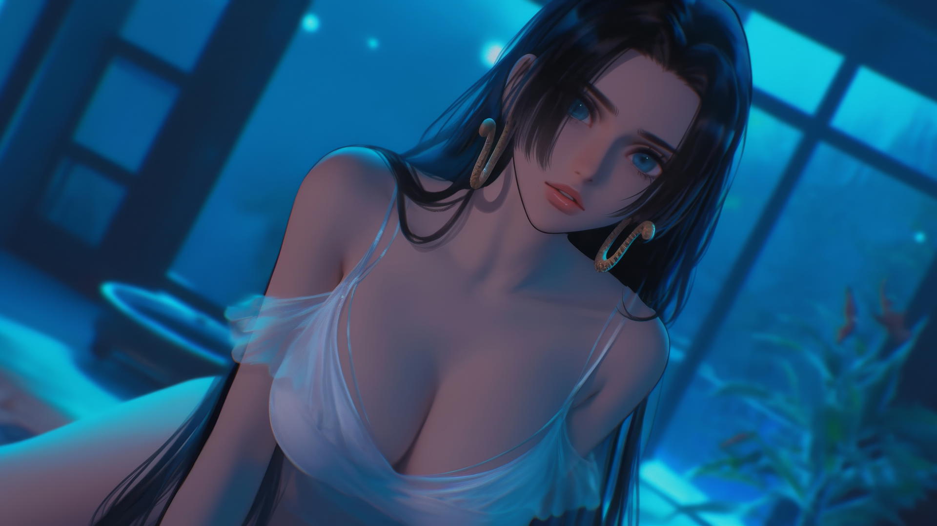 Boa Hancock from One Piece kneeling in a modern hotel room with neon light glow