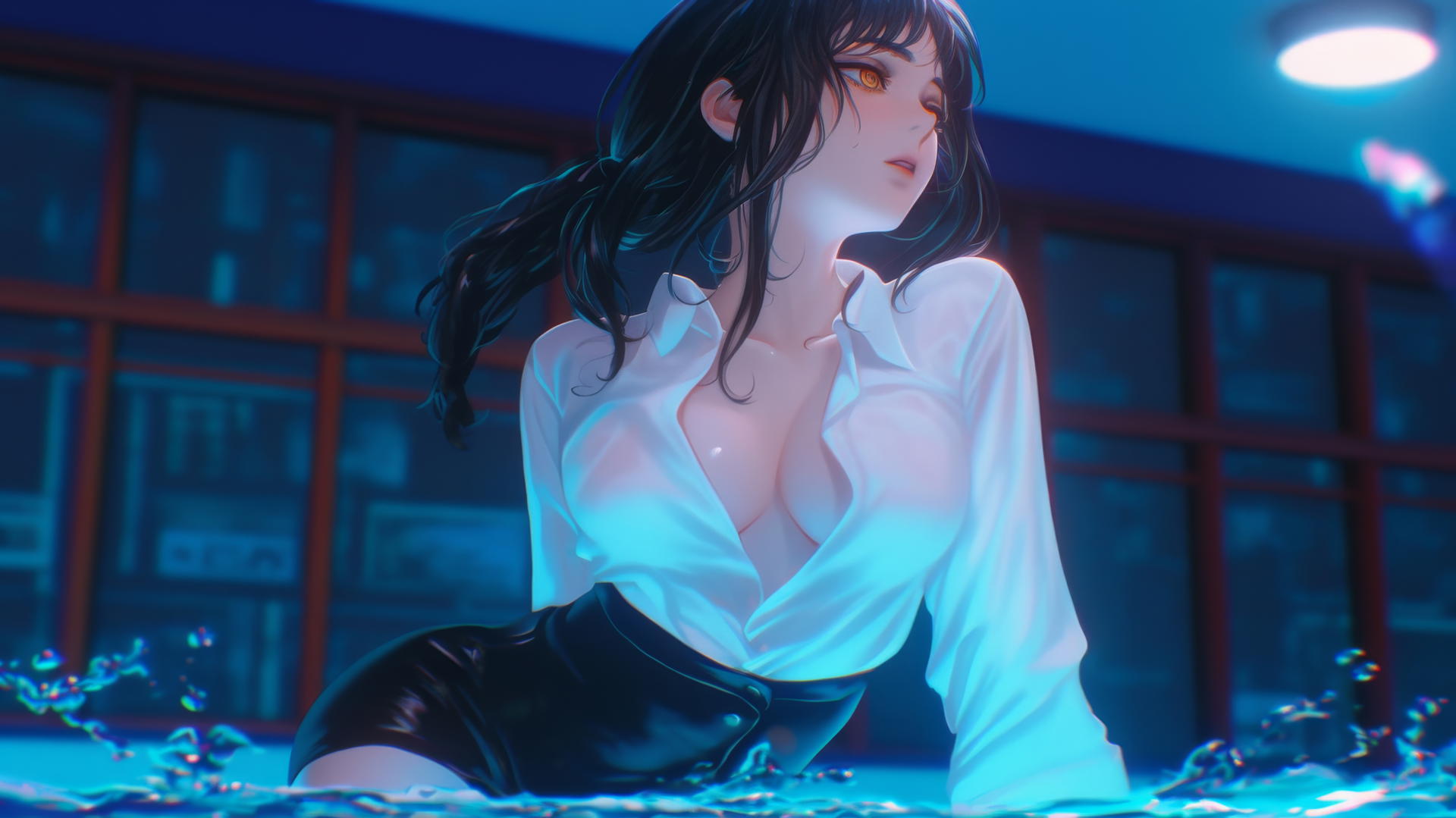 Makima from Chainsaw Man kneeling, looking down, in a modern hotel room with neon lights.