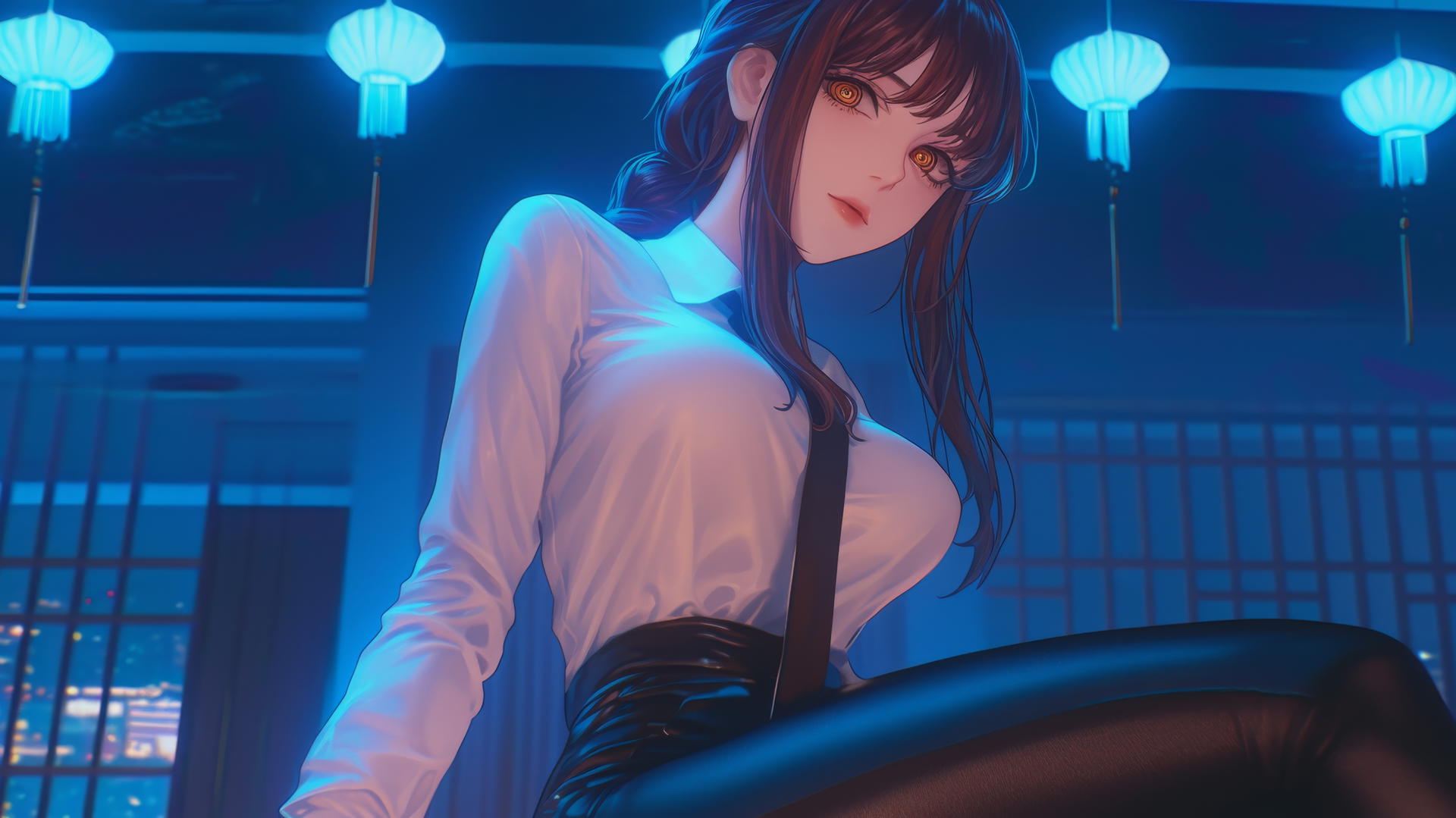 Makima from Chainsaw Man kneeling and looking down, illuminated by neon light in a modern hotel room
