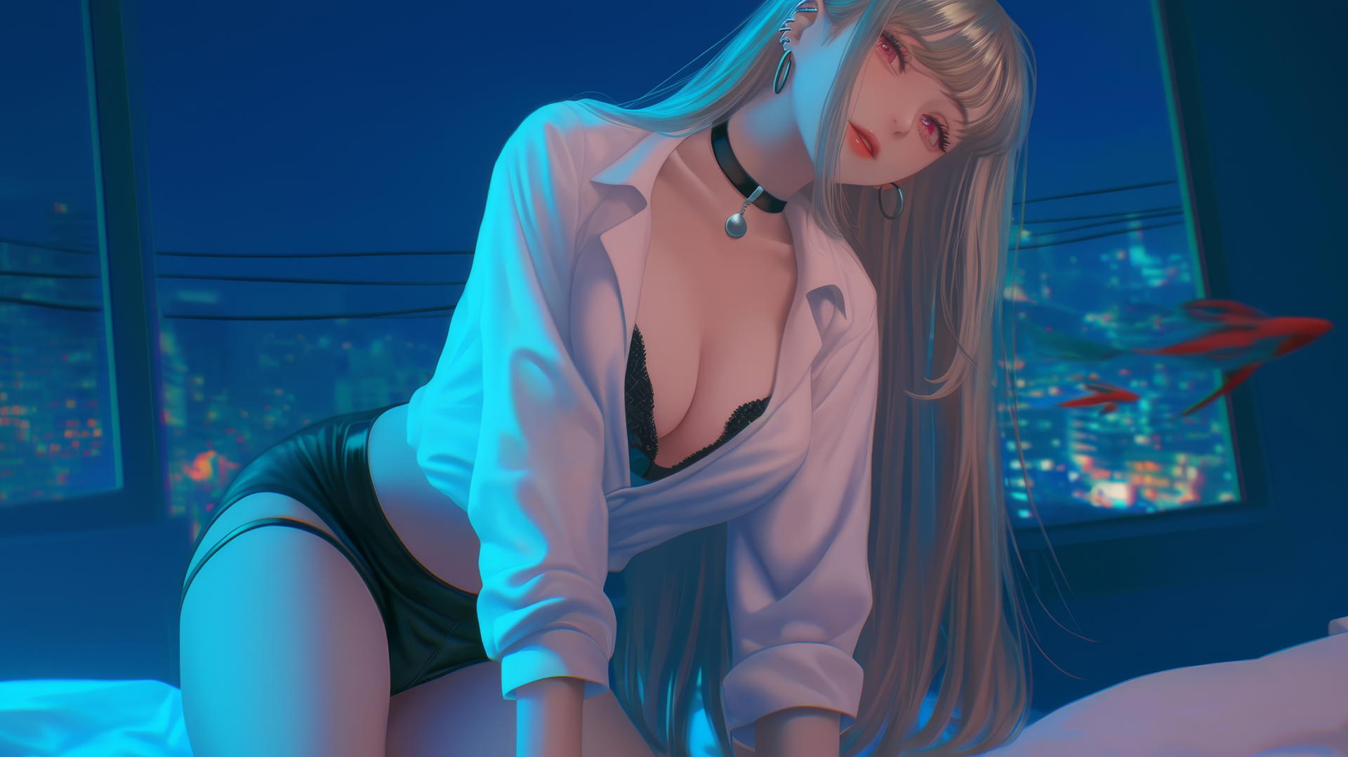Marin Kitagawa kneeling, looking down with neon light glow