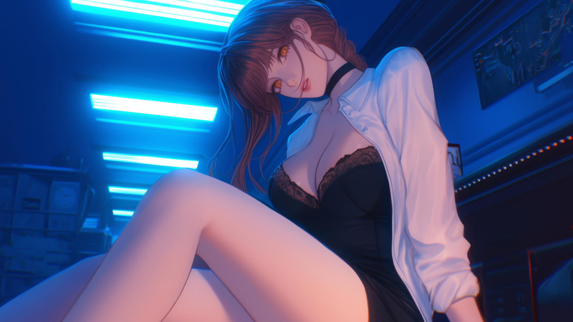 Makima from Chainsaw Man, kneeling and looking down, neon-lit hotel room