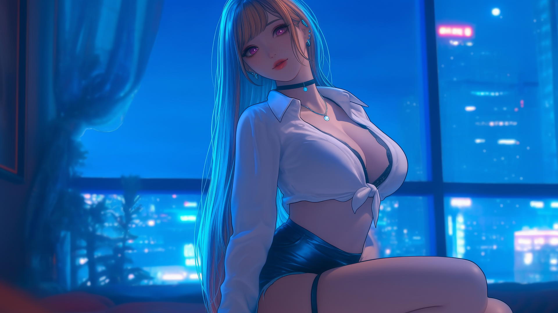 Marin Kitagawa kneeling in a neon-lit hotel room, looking down with pinkish eyes