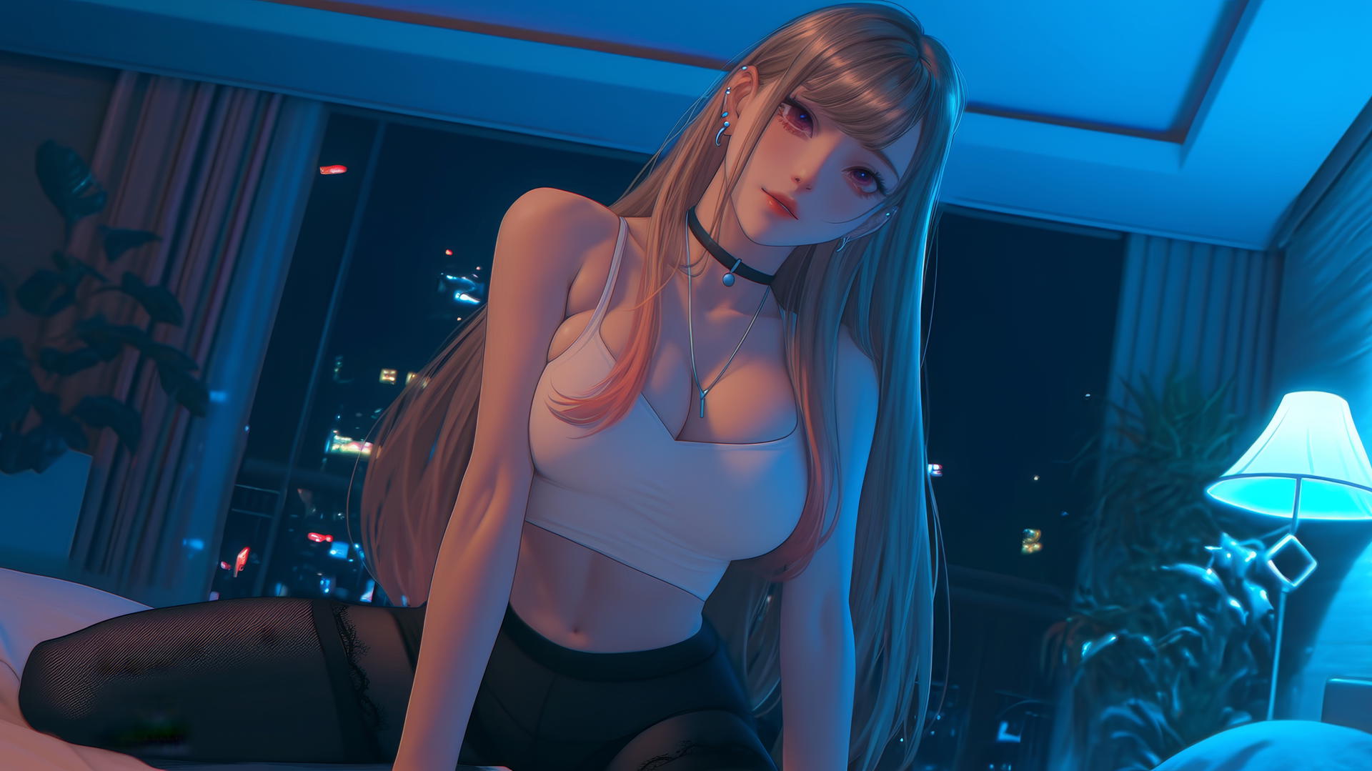 Marin Kitagawa kneeling, looking down with neon hotel glow.