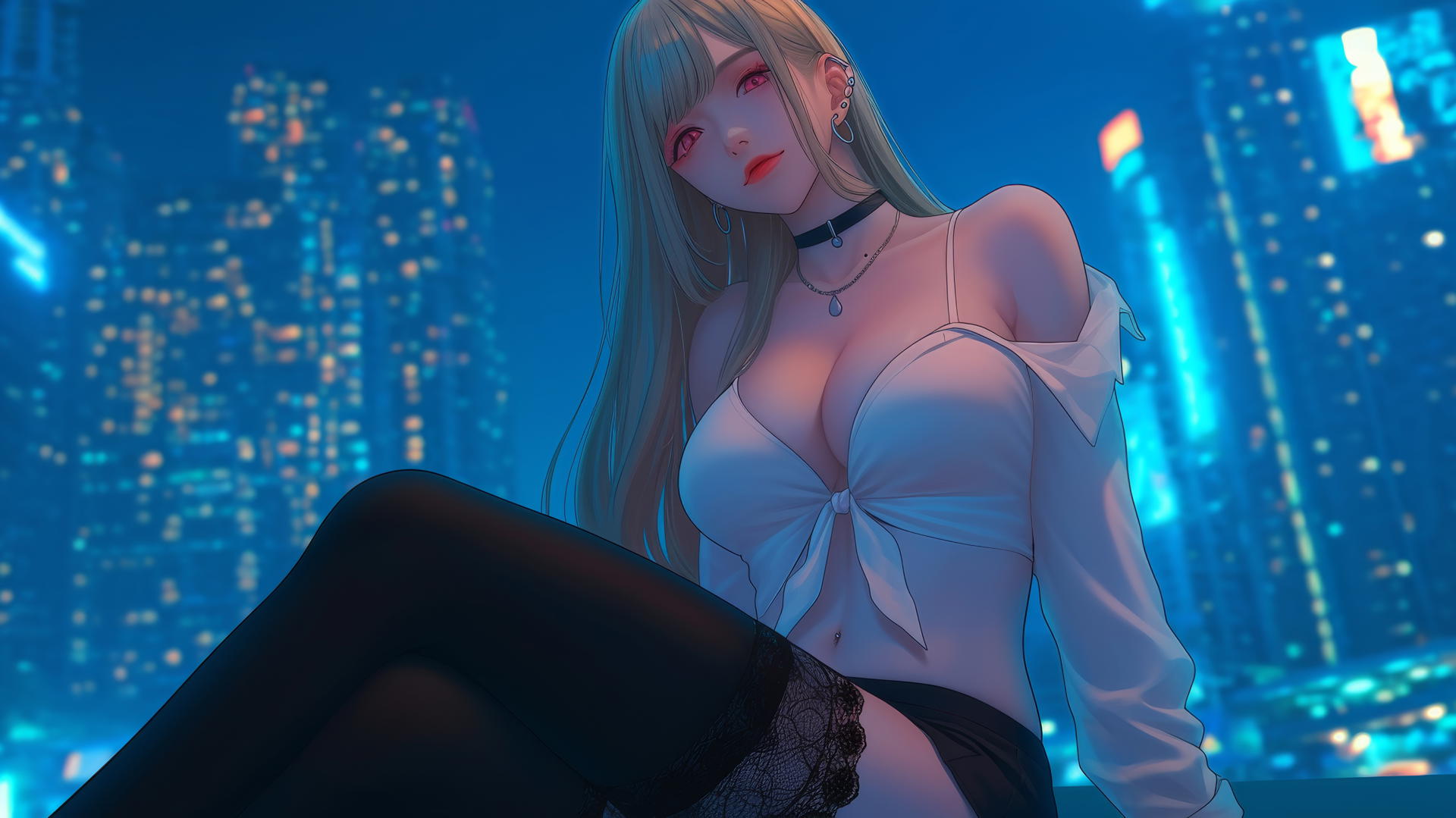 Marin Kitagawa kneeling, neon light casting glow, pinkish eyes, silky blonde hair.