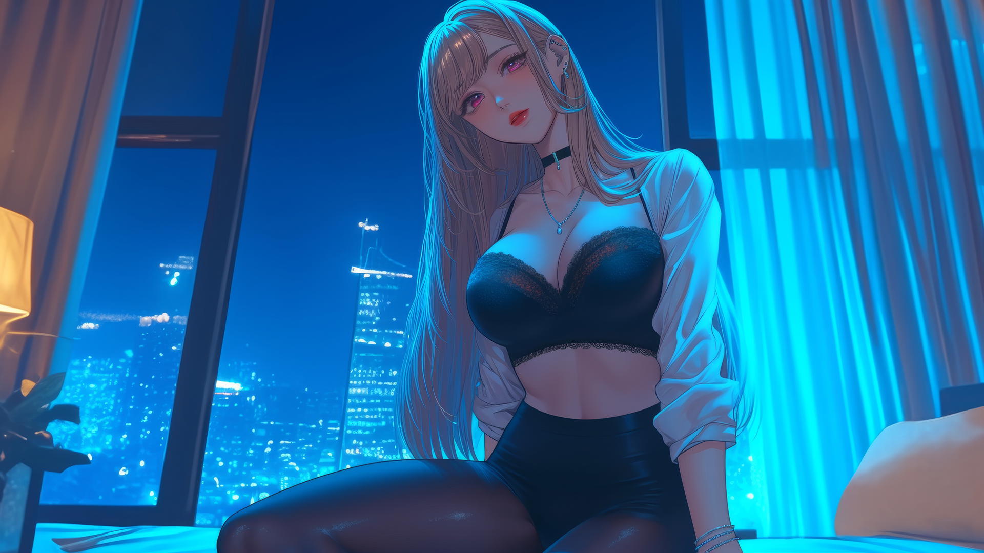 Marin Kitagawa kneeling in a modern hotel room with neon lighting