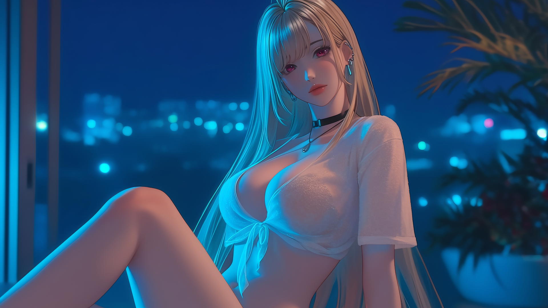 Marin Kitagawa kneeling with neon light in modern hotel room