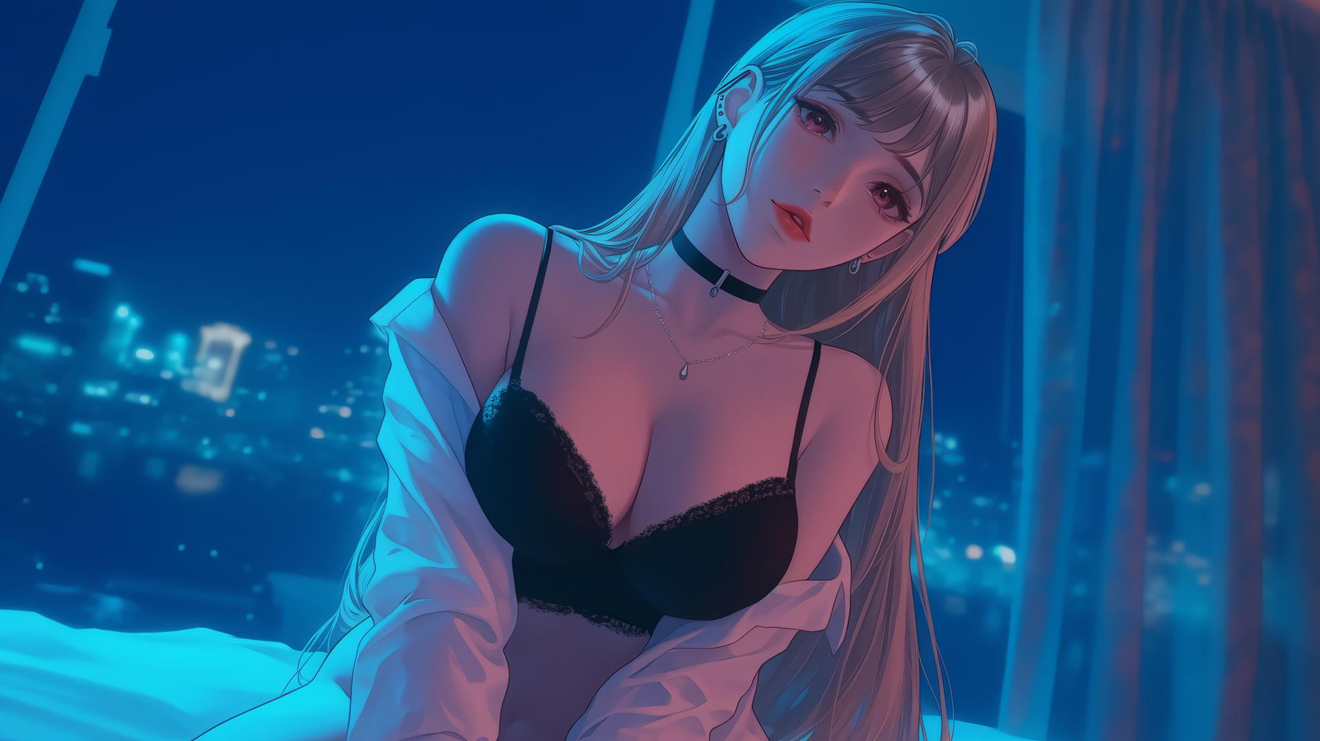 Marin Kitagawa kneeling, seen from below, in a neon-lit hotel room.