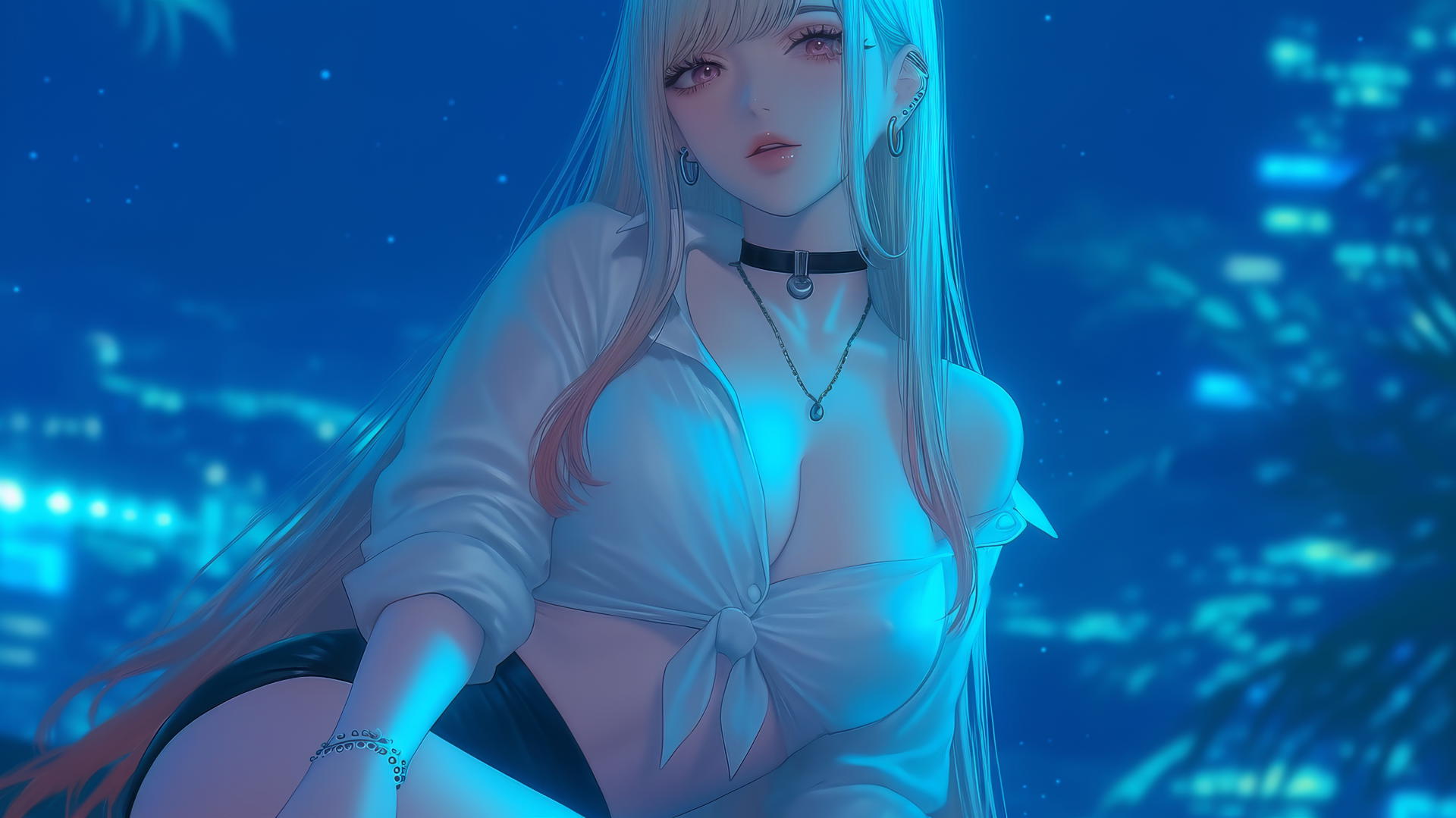 Marin Kitagawa kneeling in a neon-lit hotel room, looking down.