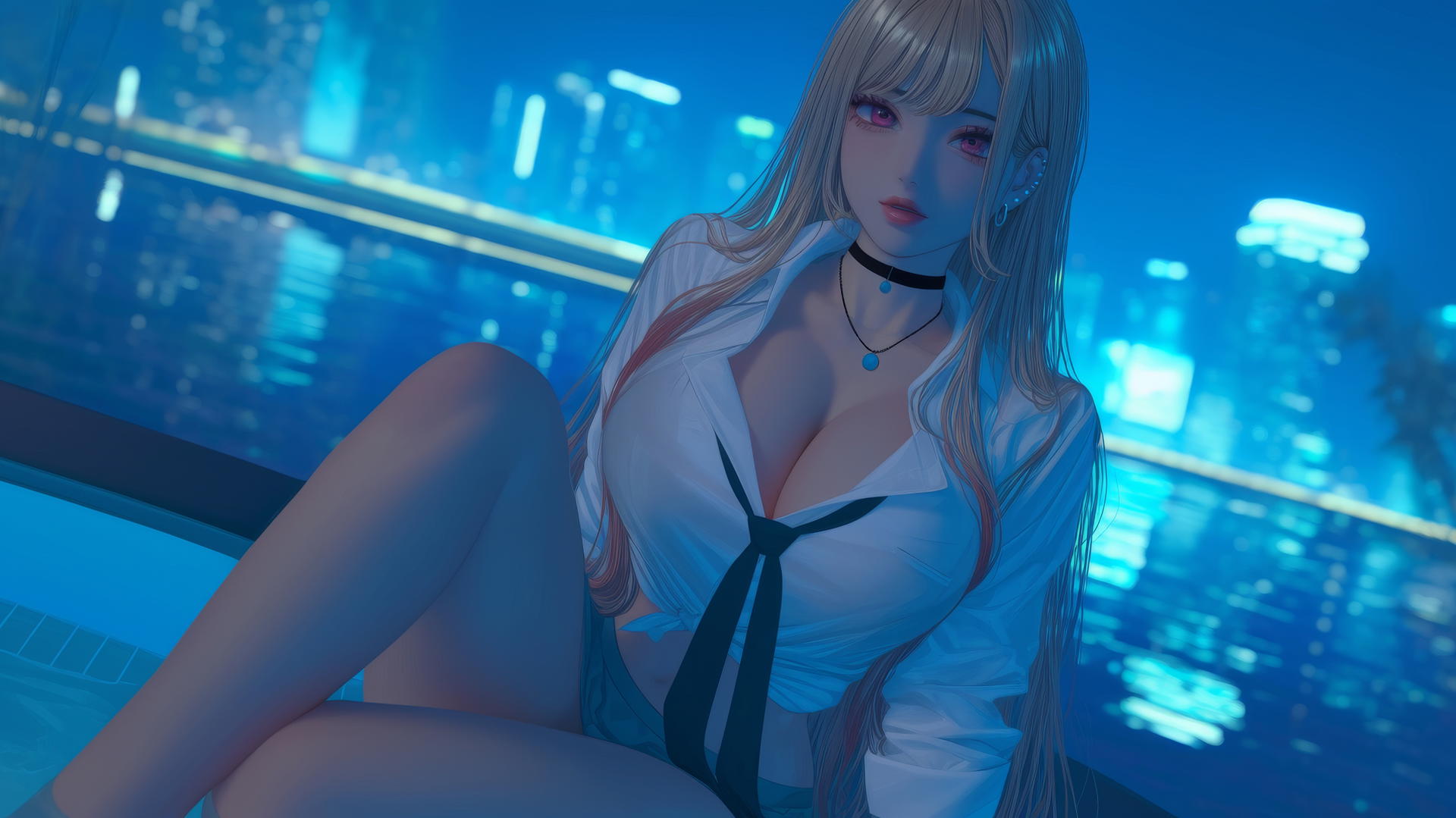 Marin Kitagawa kneeling, looking up with neon light in modern hotel room