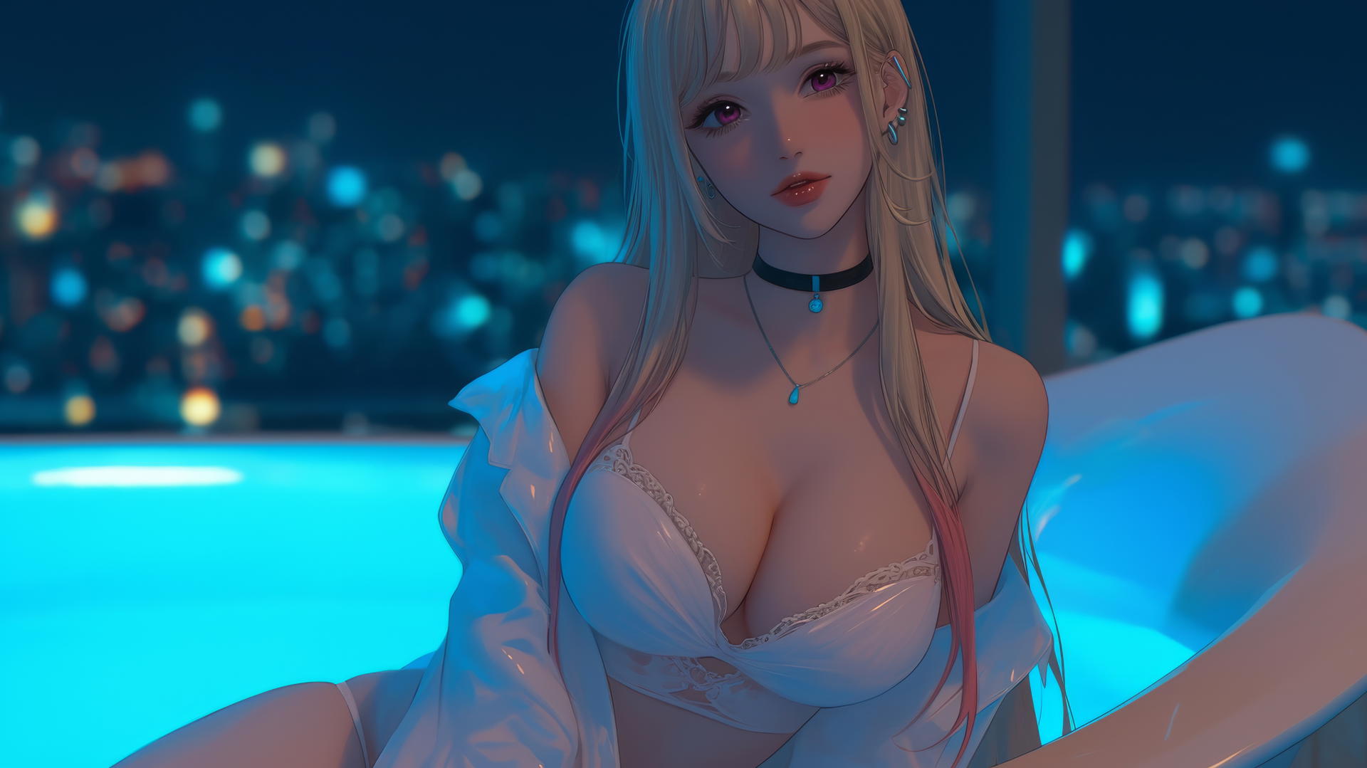 Marin Kitagawa kneeling in modern hotel with neon glow, looking up