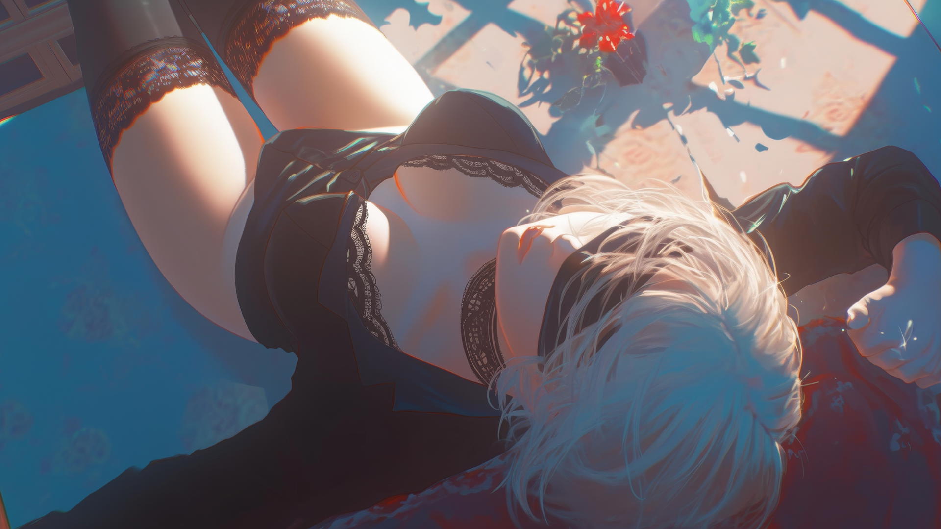 2B from Nier in white shirt and black blindfold, neon-lit hotel room