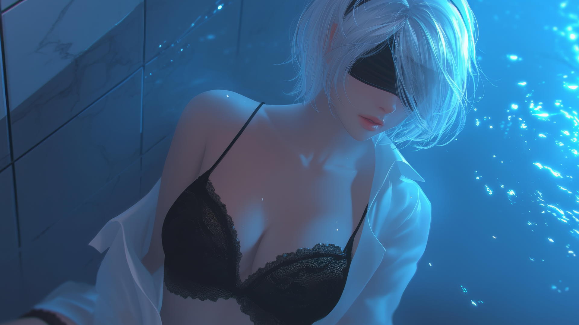 2B from Nier seen from above in white office shirt with black blindfold in neon-lit hotel room