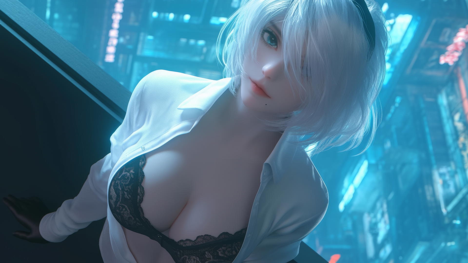 2B from Nier seen from above, in a white office shirt with a black blindfold, illuminated by neon light