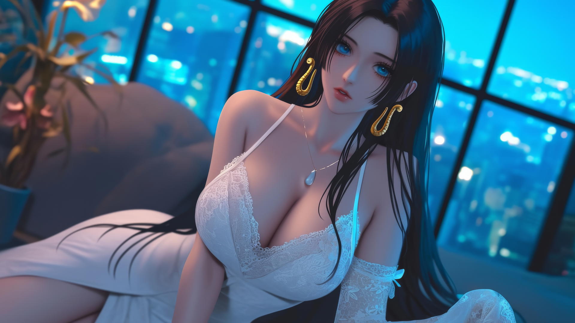 Boa Hancock from One Piece, wearing white, in a modern hotel room with neon light glow.