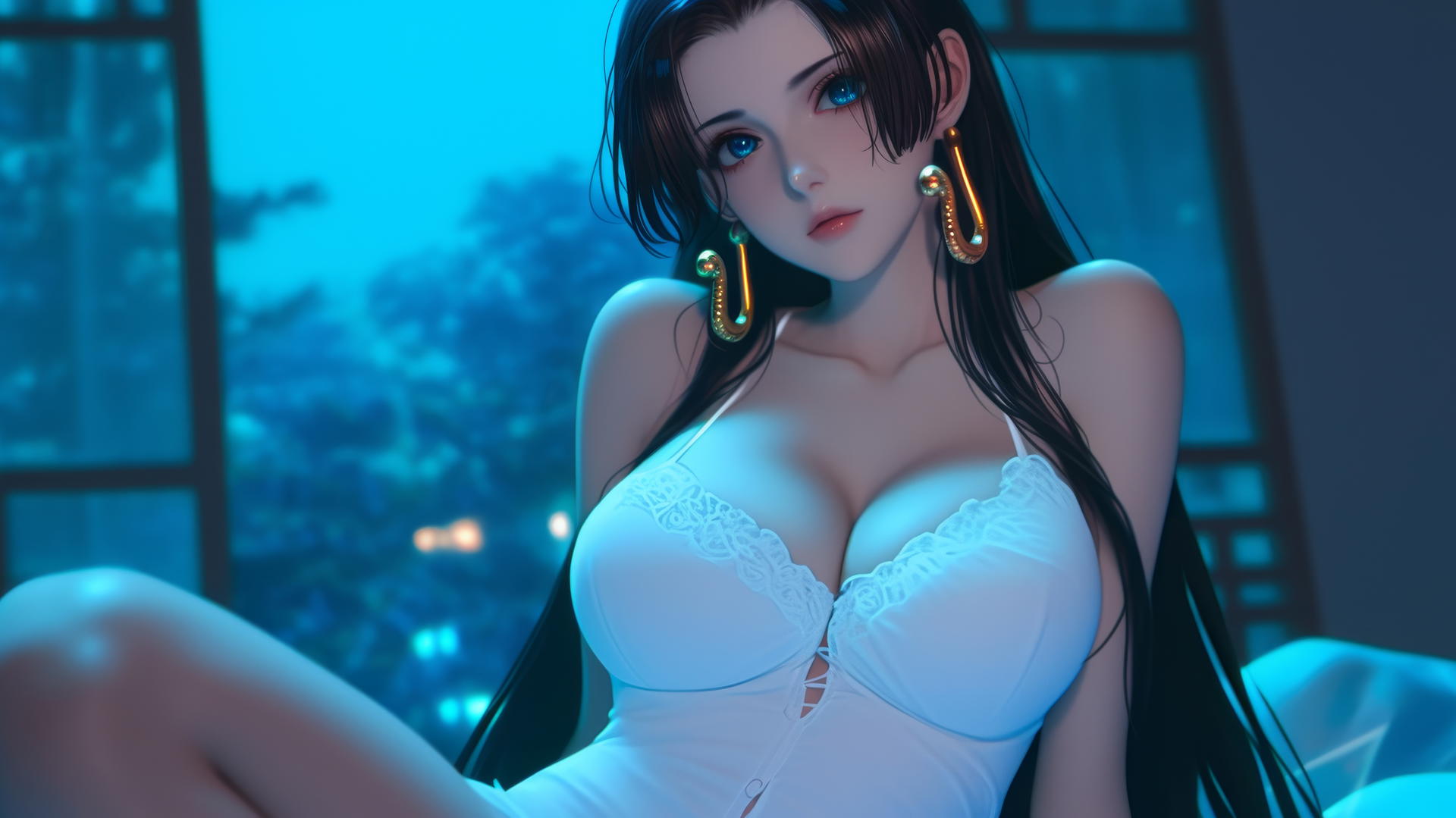 Boa Hancock from One Piece kneeling, looking down, in a modern hotel room with neon lighting.