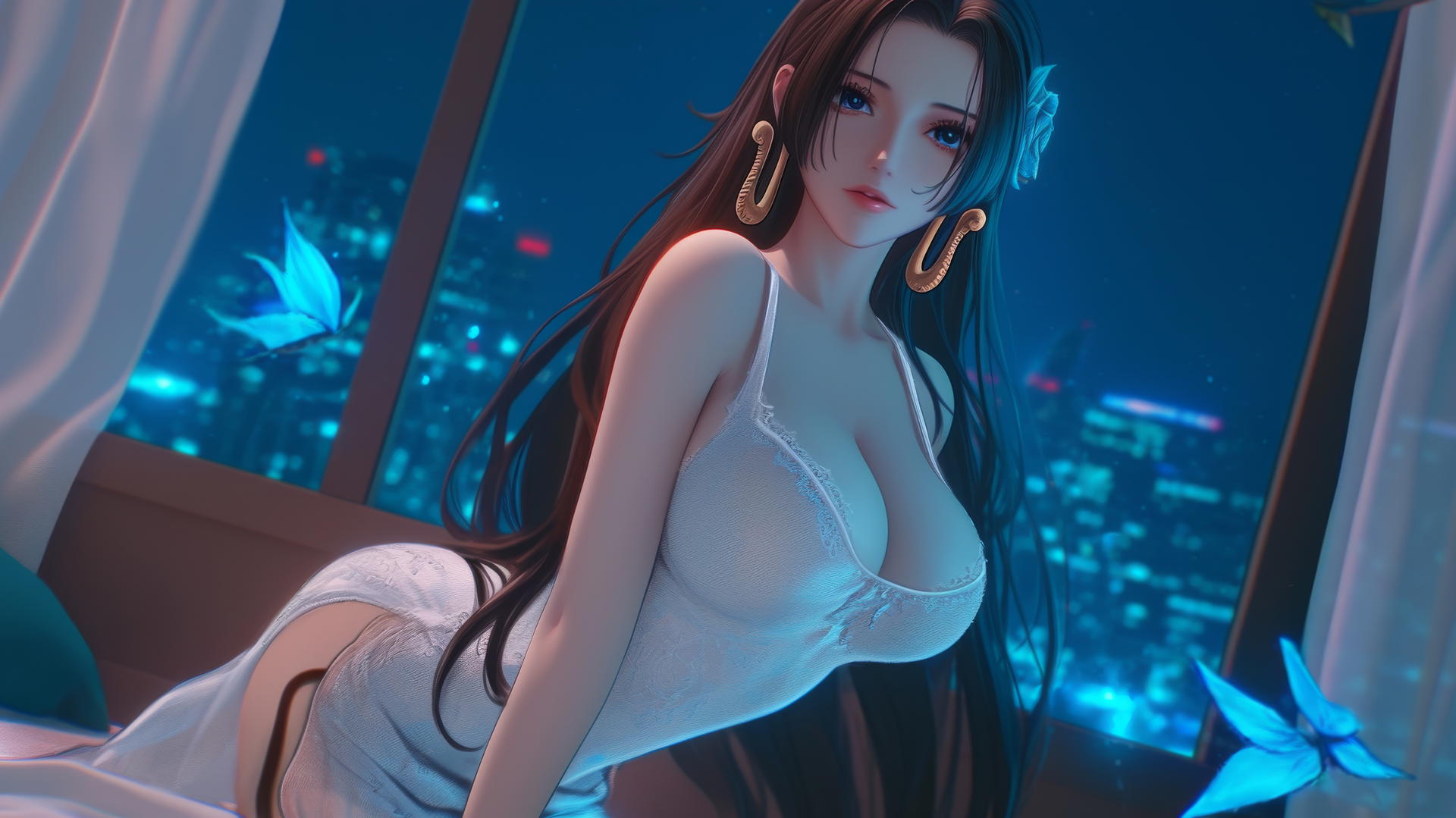 Boa Hancock from One Piece viewed below, kneeling with a soft hotel neon glow.