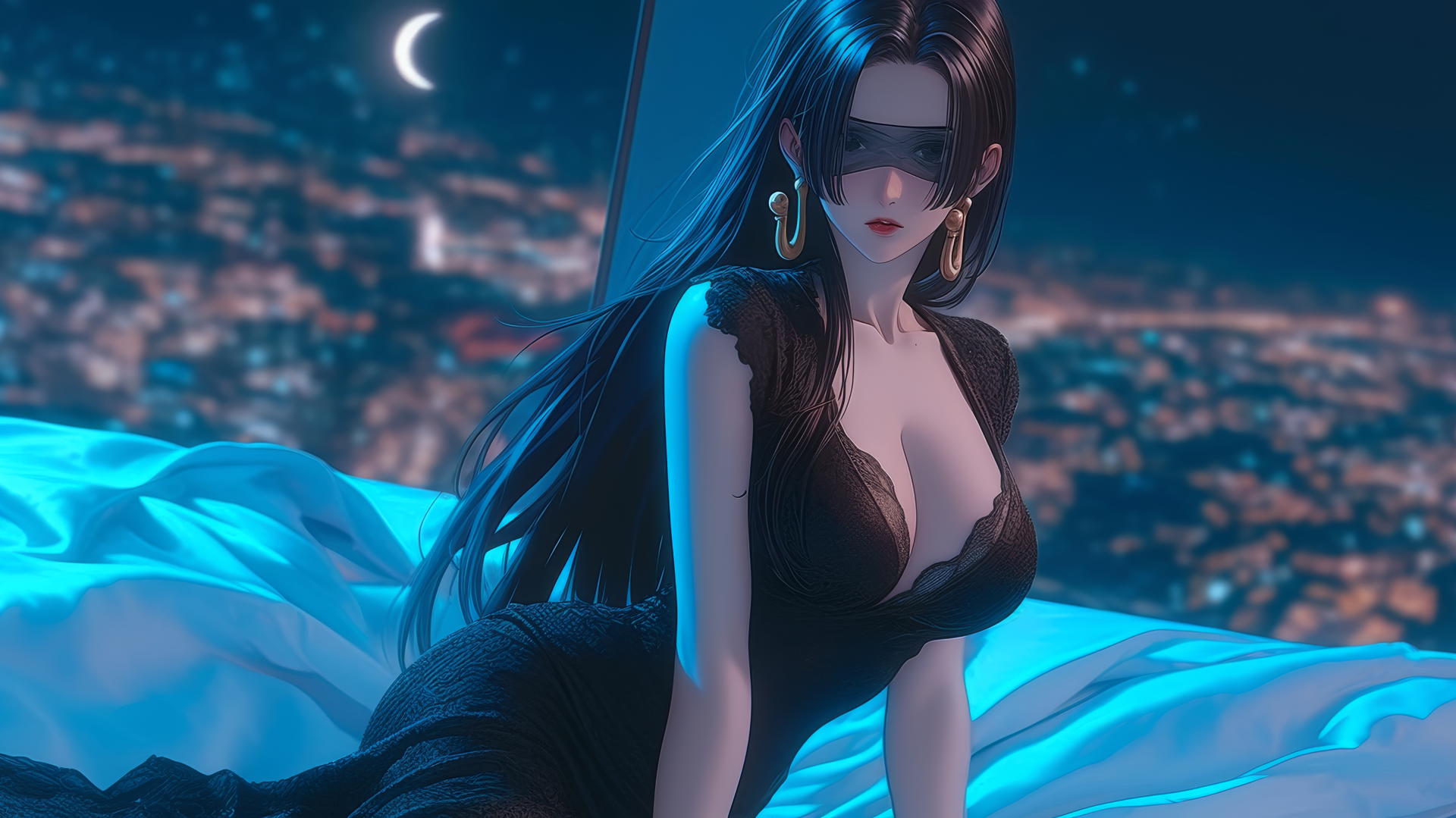 Boa Hancock kneeling, blindfolded with neon light glow in modern hotel room